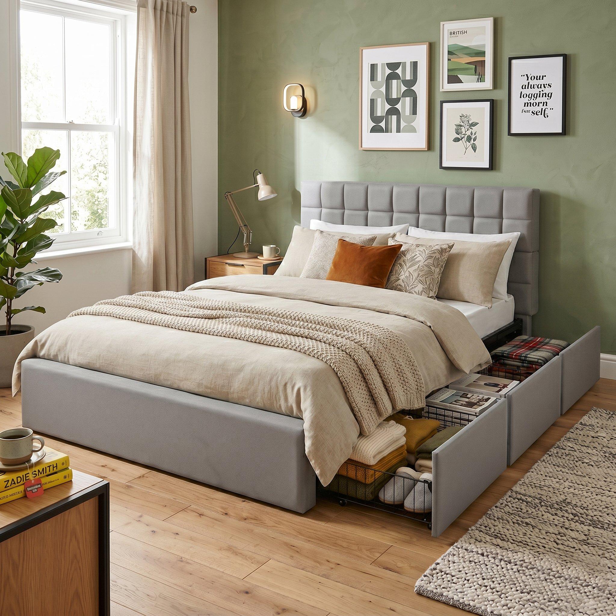 Grey - Urban Meuble - Hydraulic Upholstered Bed with Storage Drawers - 3