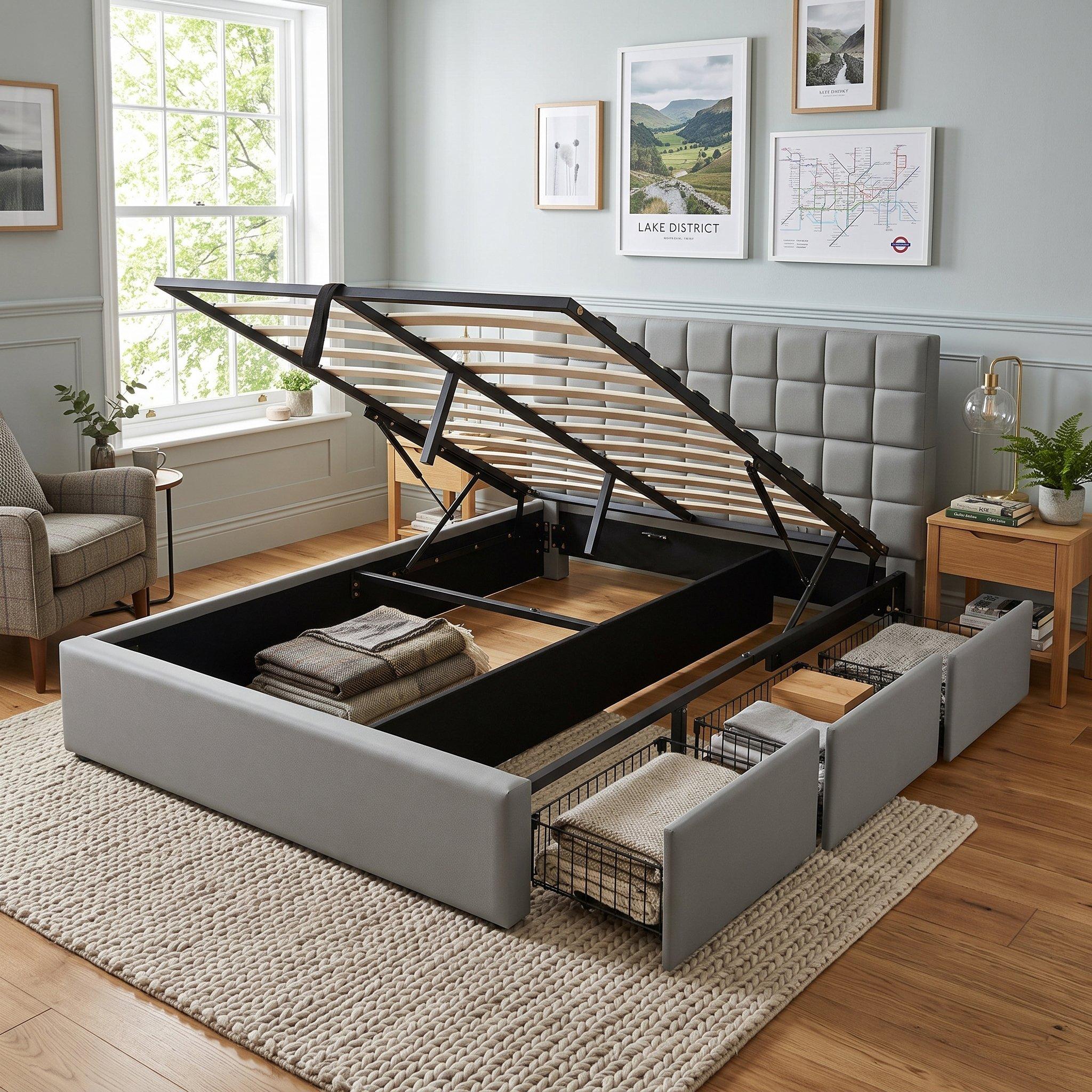 Grey - Urban Meuble - Hydraulic Upholstered Bed with Storage Drawers - 4