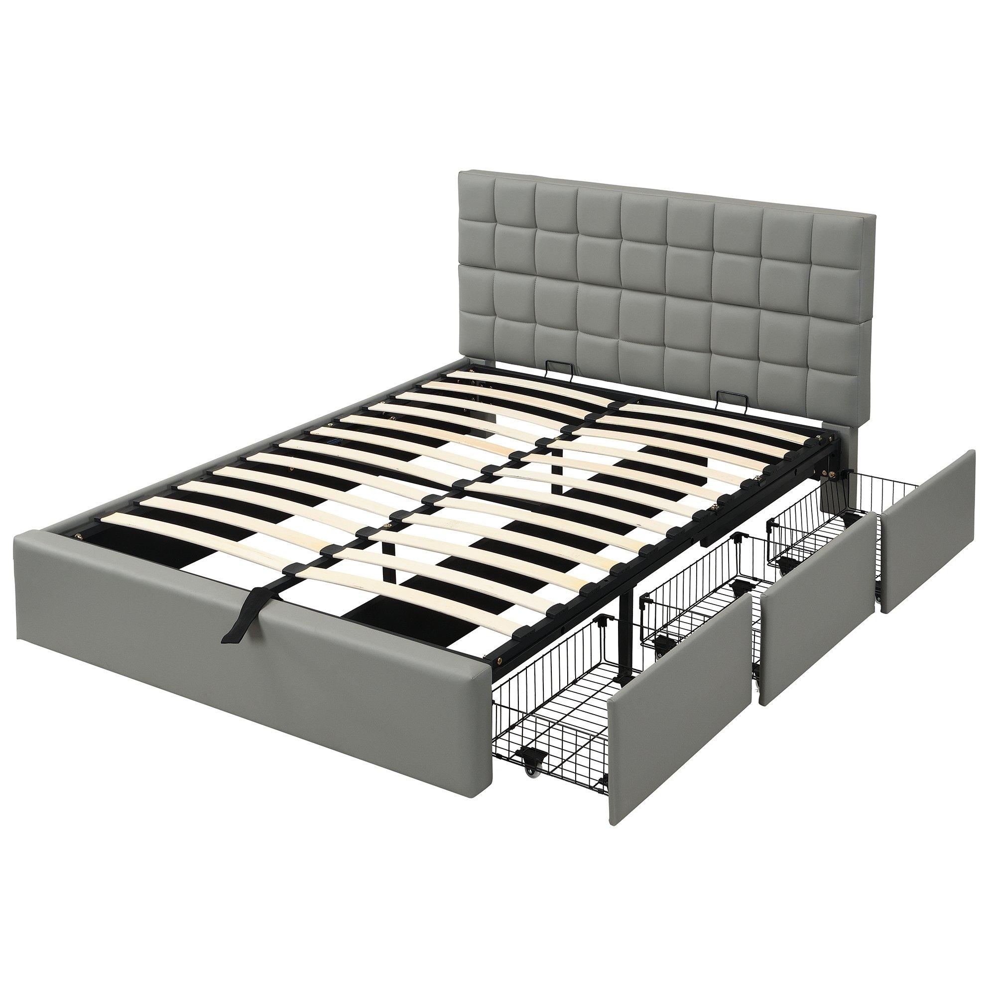 Grey - Urban Meuble - Hydraulic Upholstered Bed with Storage Drawers - 5