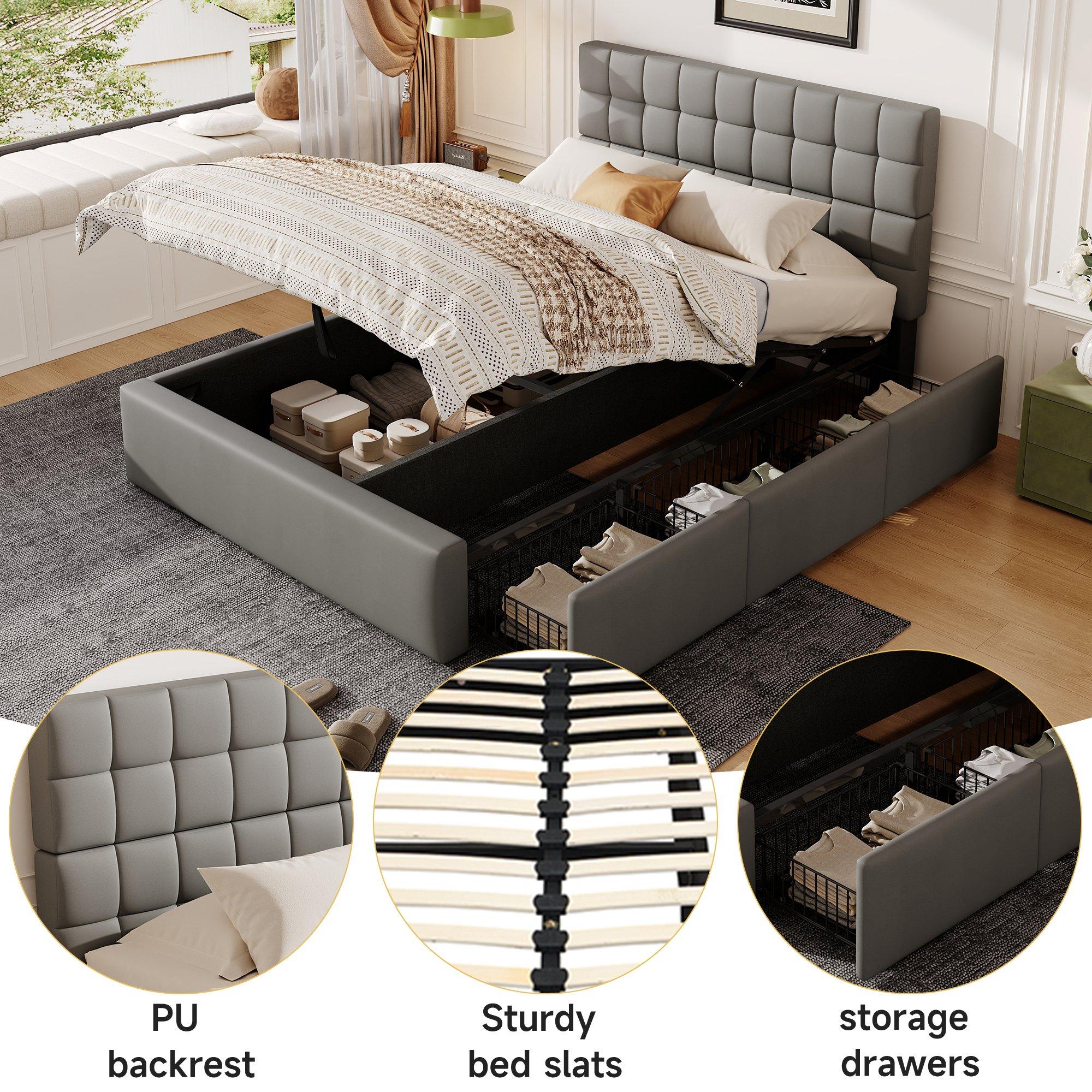 Grey - Urban Meuble - Hydraulic Upholstered Bed with Storage Drawers - 7
