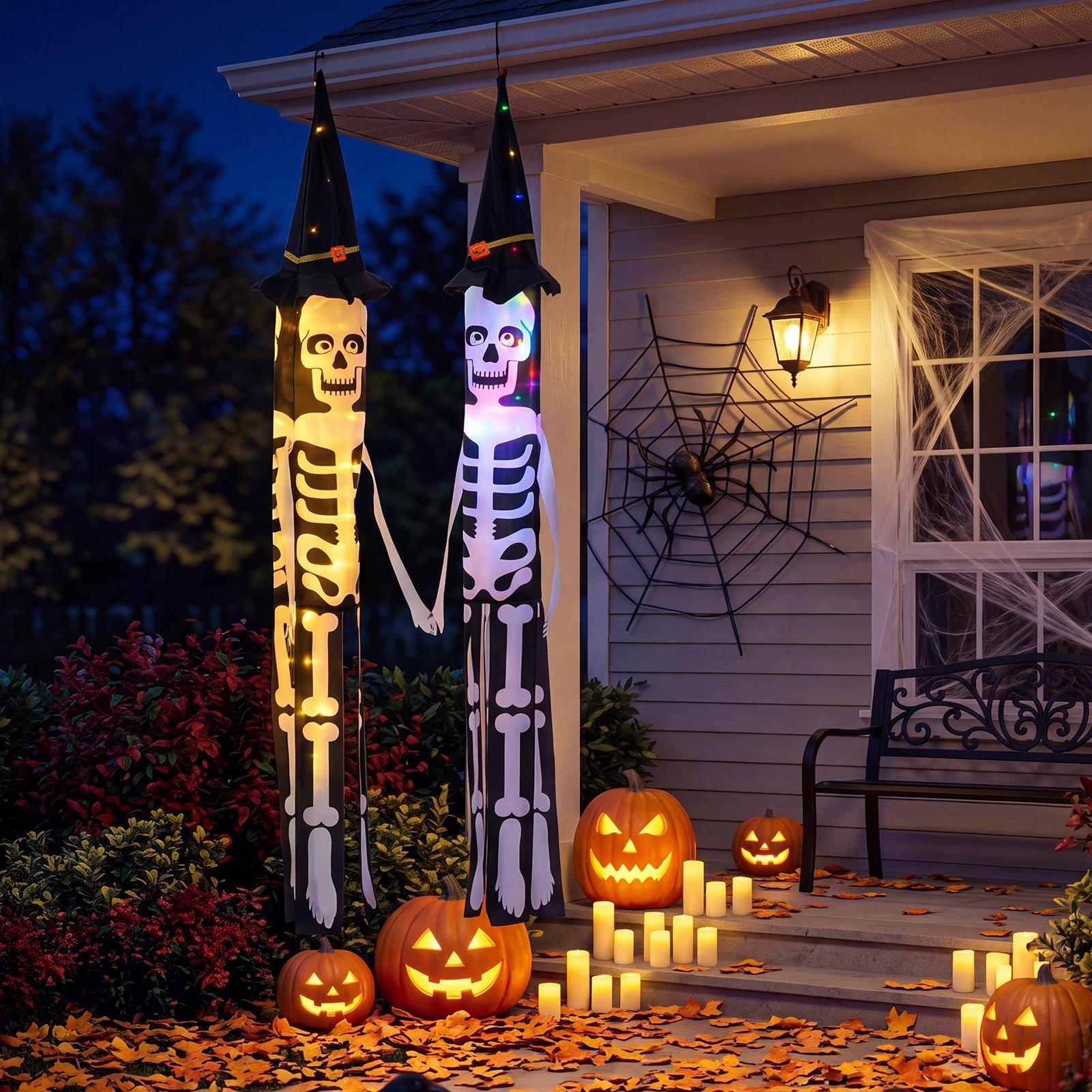 Black/White - LIFE IDEAS - 2pcs Halloween Skeleton Windsocks with Led Lights - 1