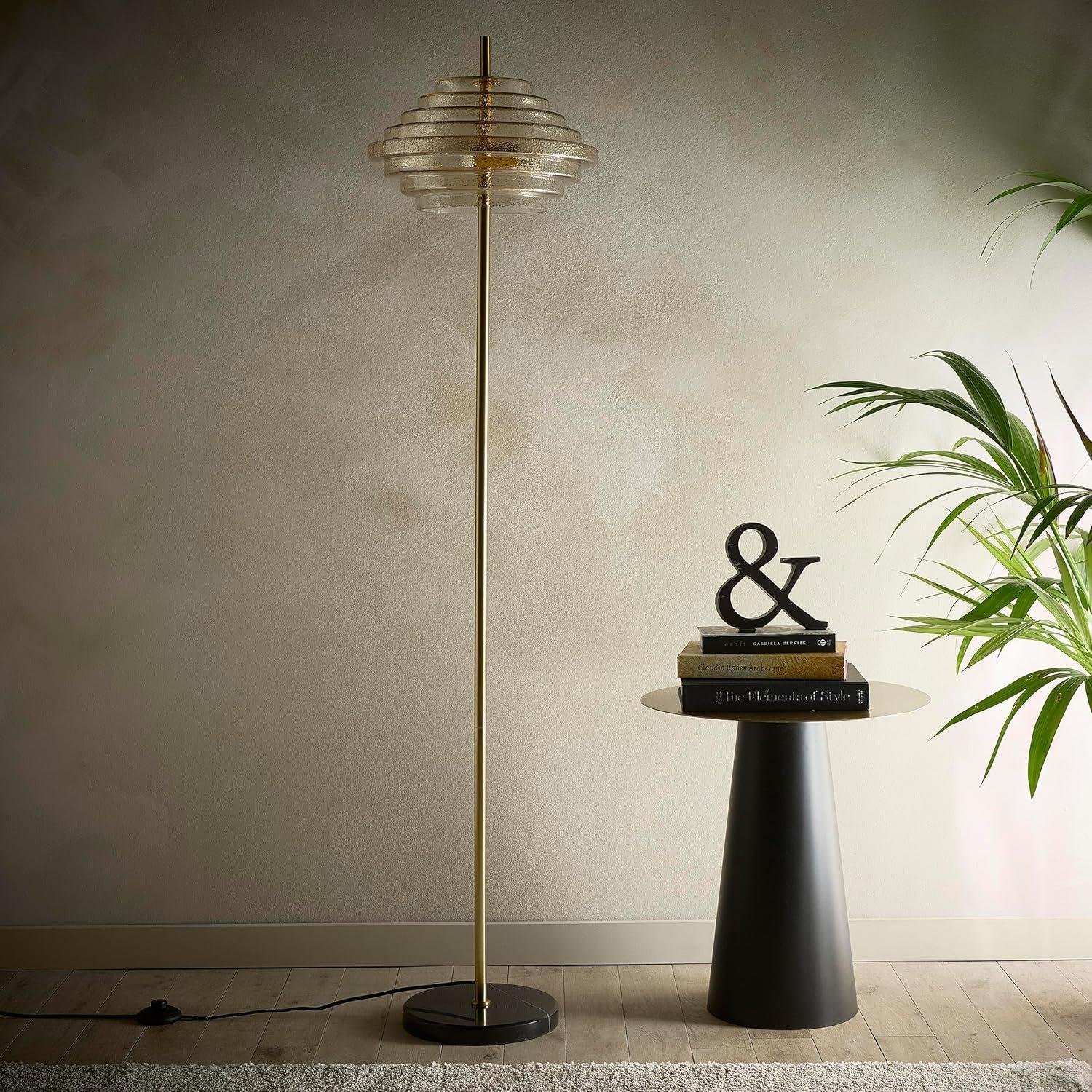 K Living  Aspen 2 Light Tiered Glass Brass Floor Lamp - Amber