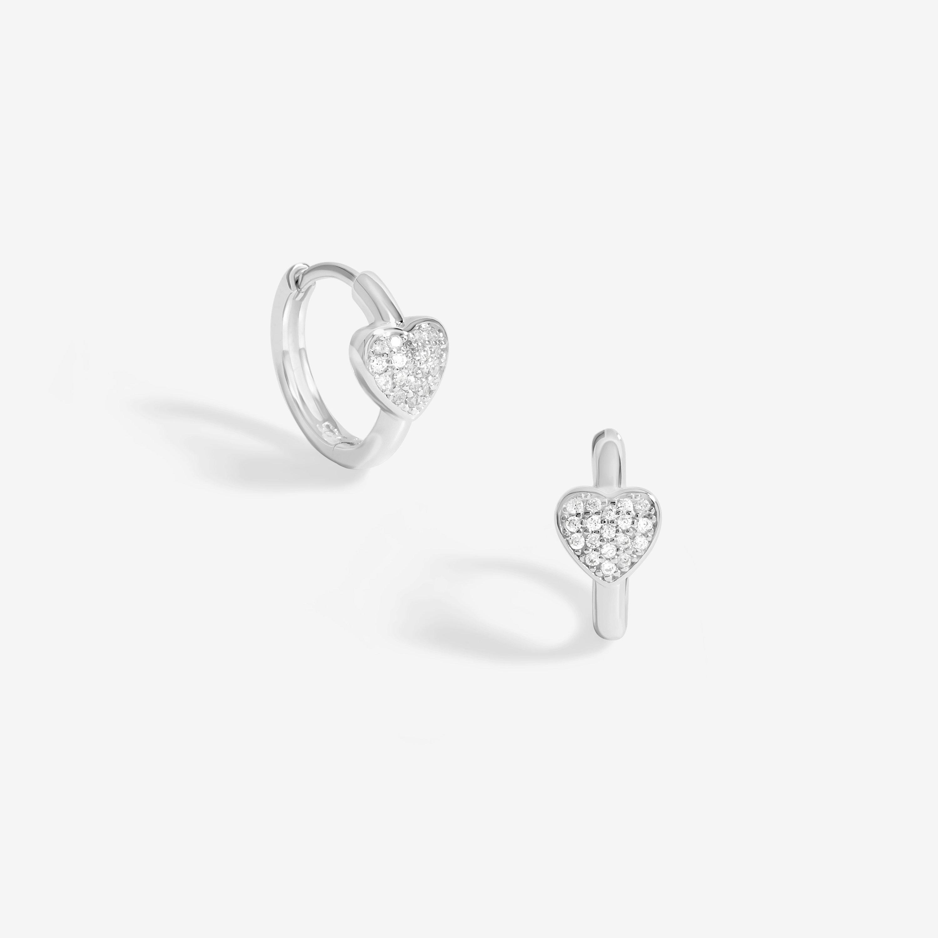 Silver - Simply Silver - Sterling Silver 925 Pave Heart Huggie Hoops - 1