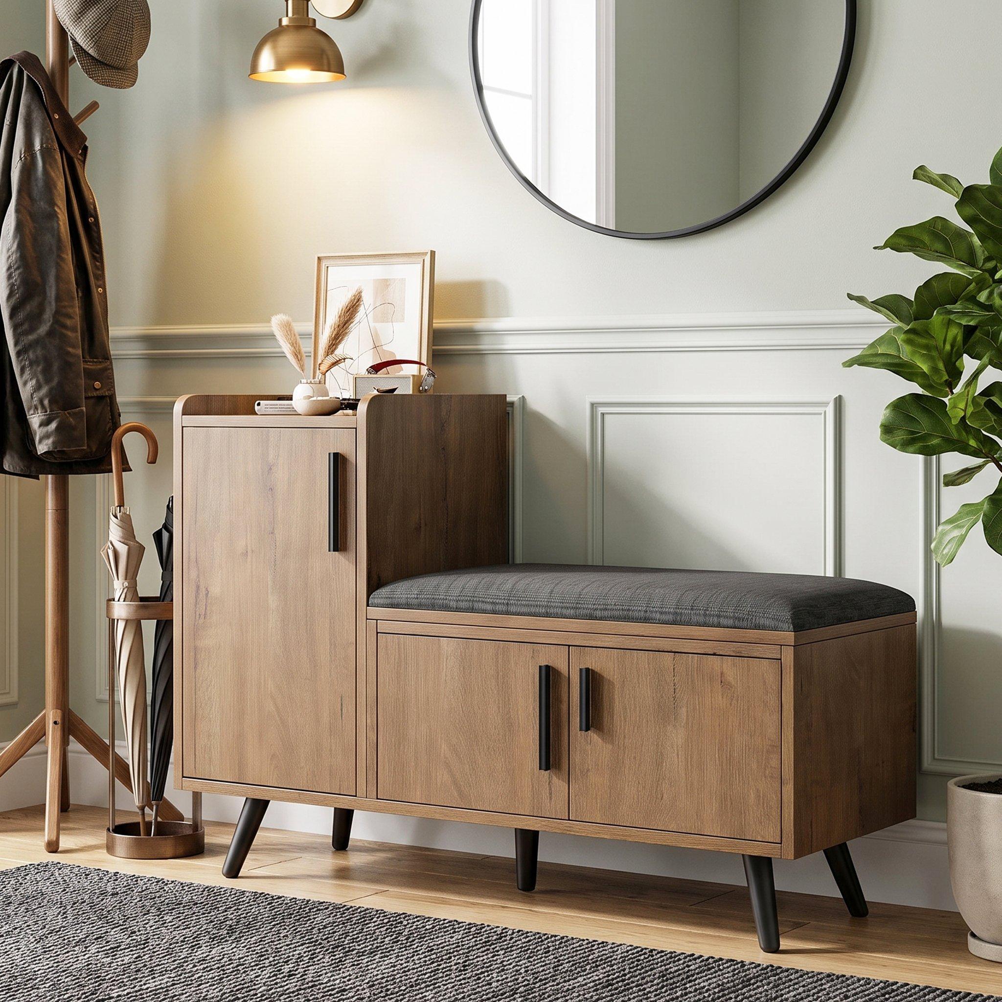 Walnut - Urban Meuble - Vintage Shoe Bench with Storage Cabinet - 2
