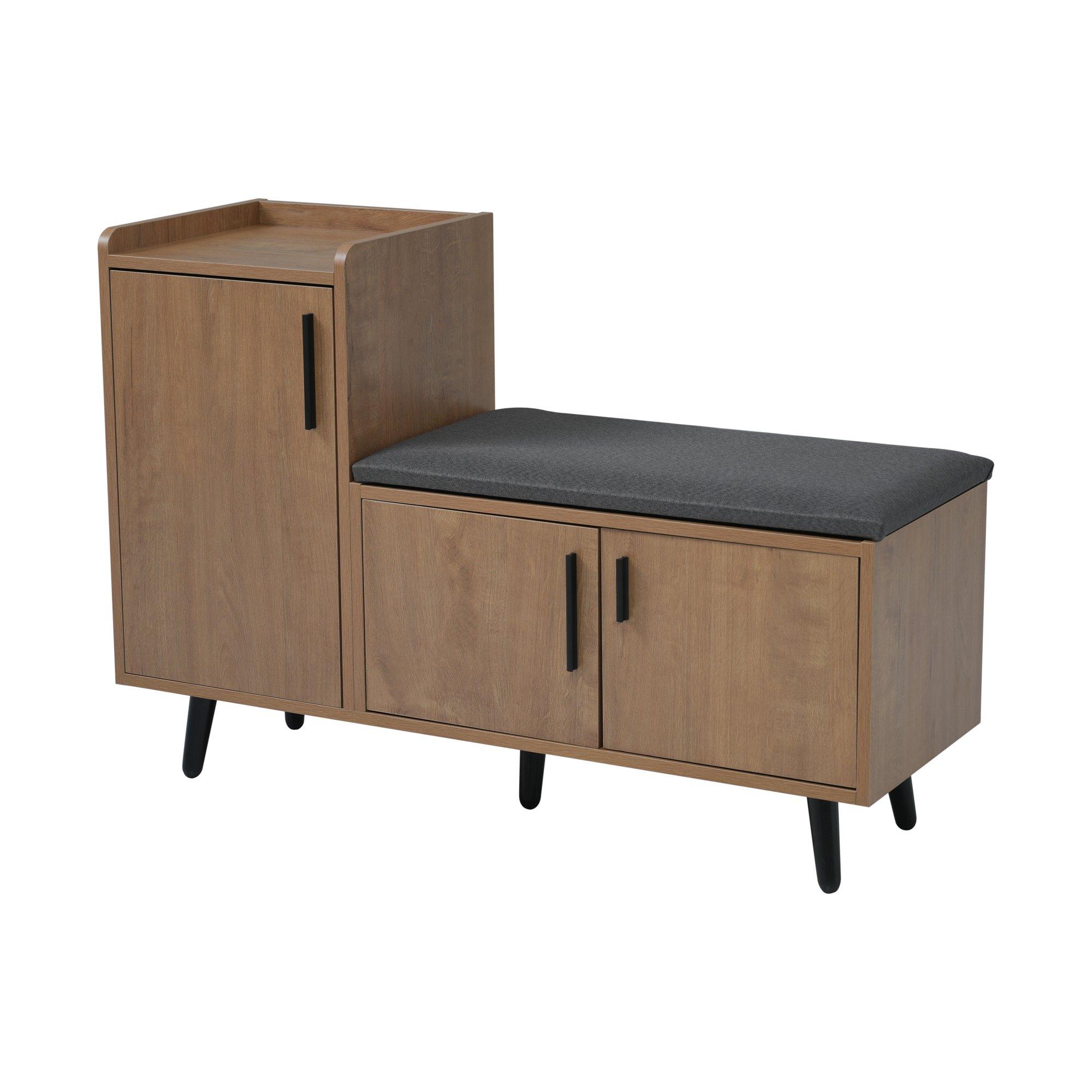 Walnut - Urban Meuble - Vintage Shoe Bench with Storage Cabinet - 11