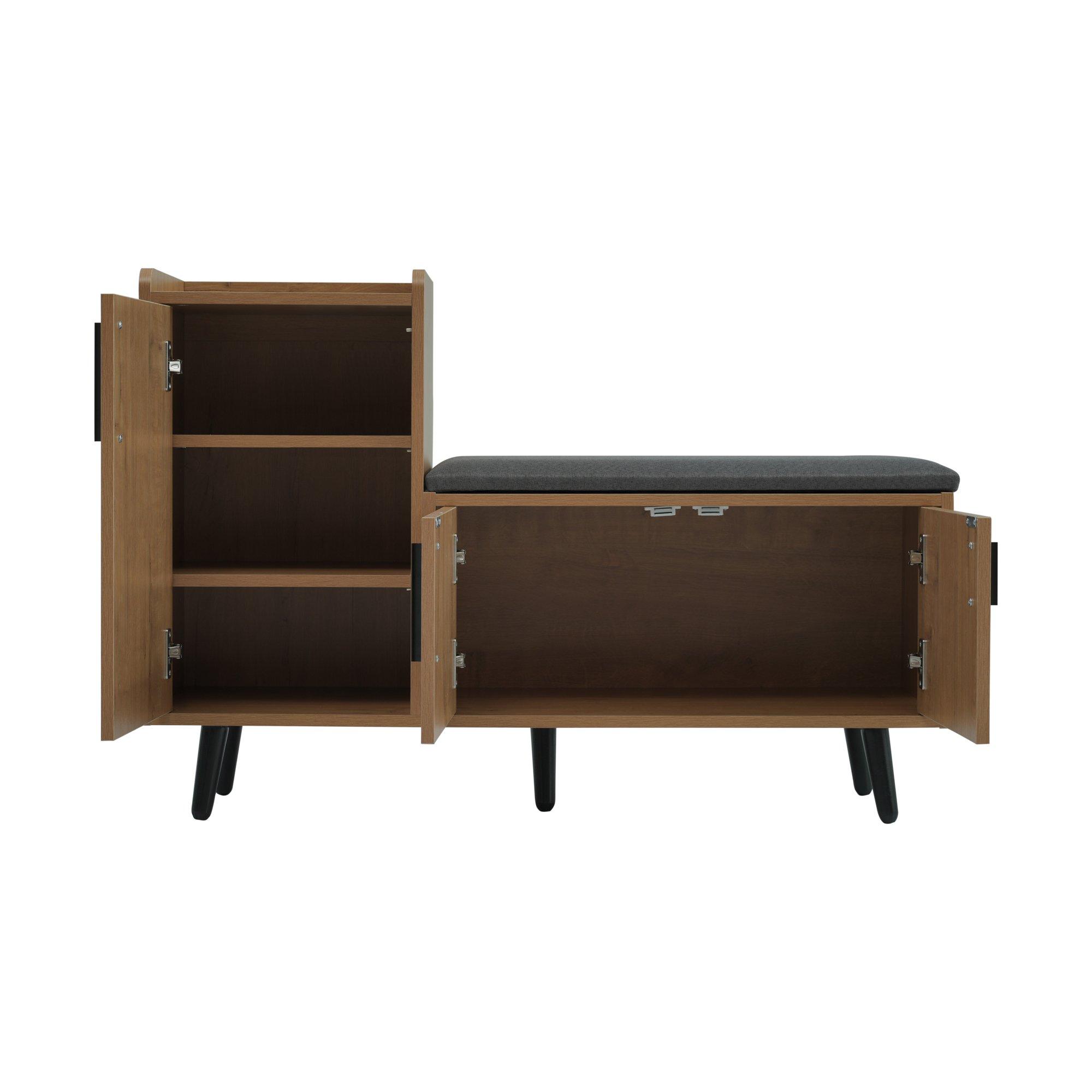 Walnut - Urban Meuble - Vintage Shoe Bench with Storage Cabinet - 13