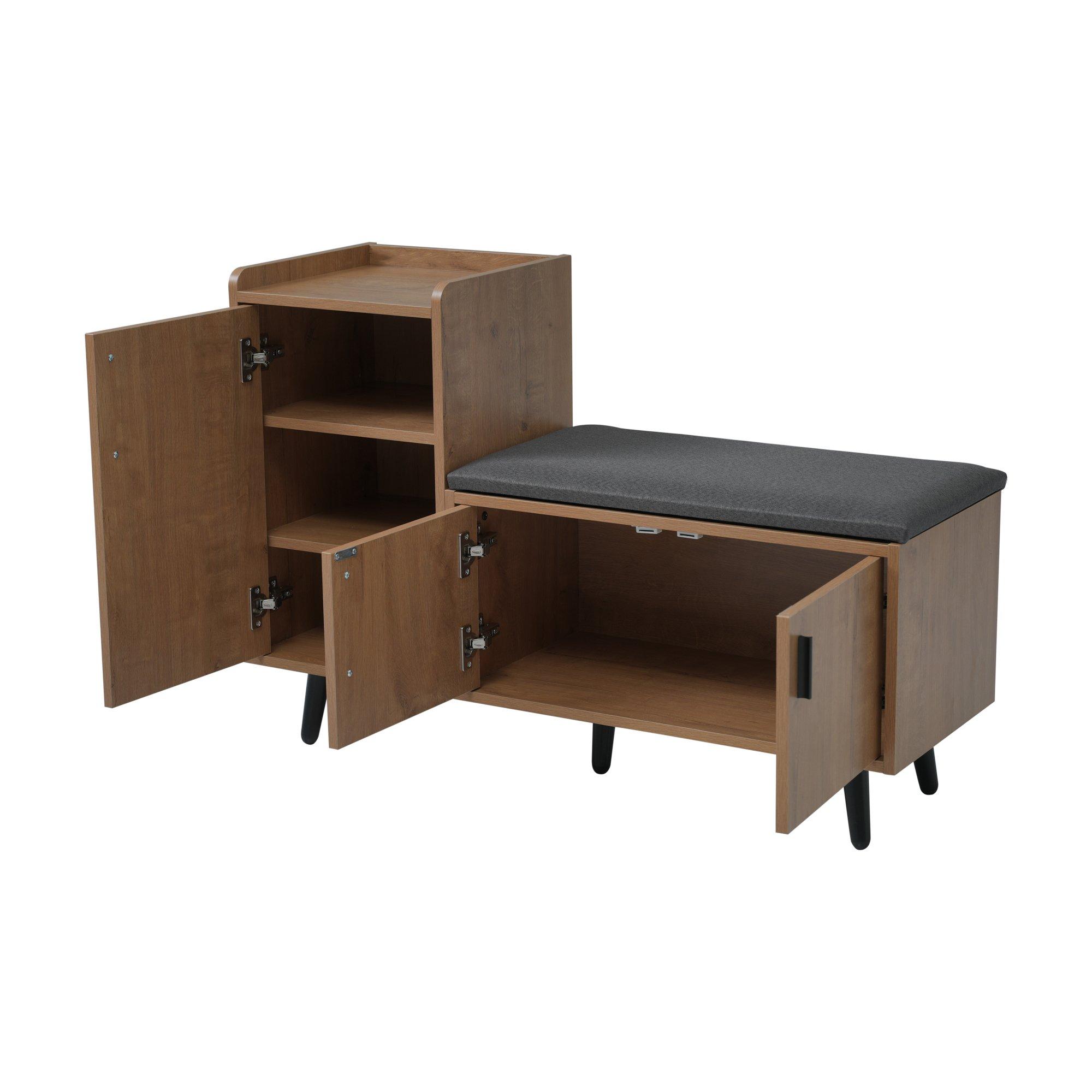 Walnut - Urban Meuble - Vintage Shoe Bench with Storage Cabinet - 14