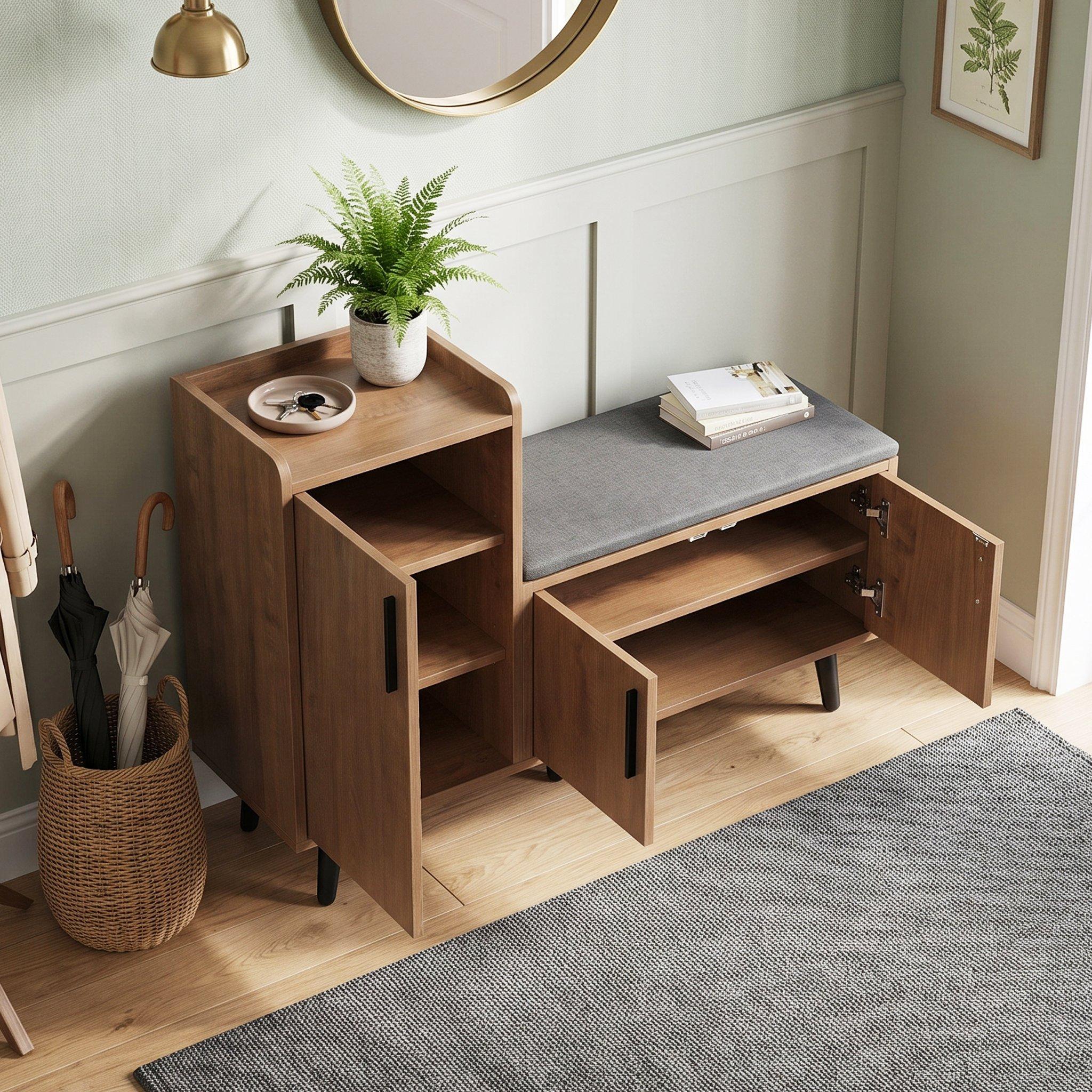 Walnut - Urban Meuble - Vintage Shoe Bench with Storage Cabinet - 3