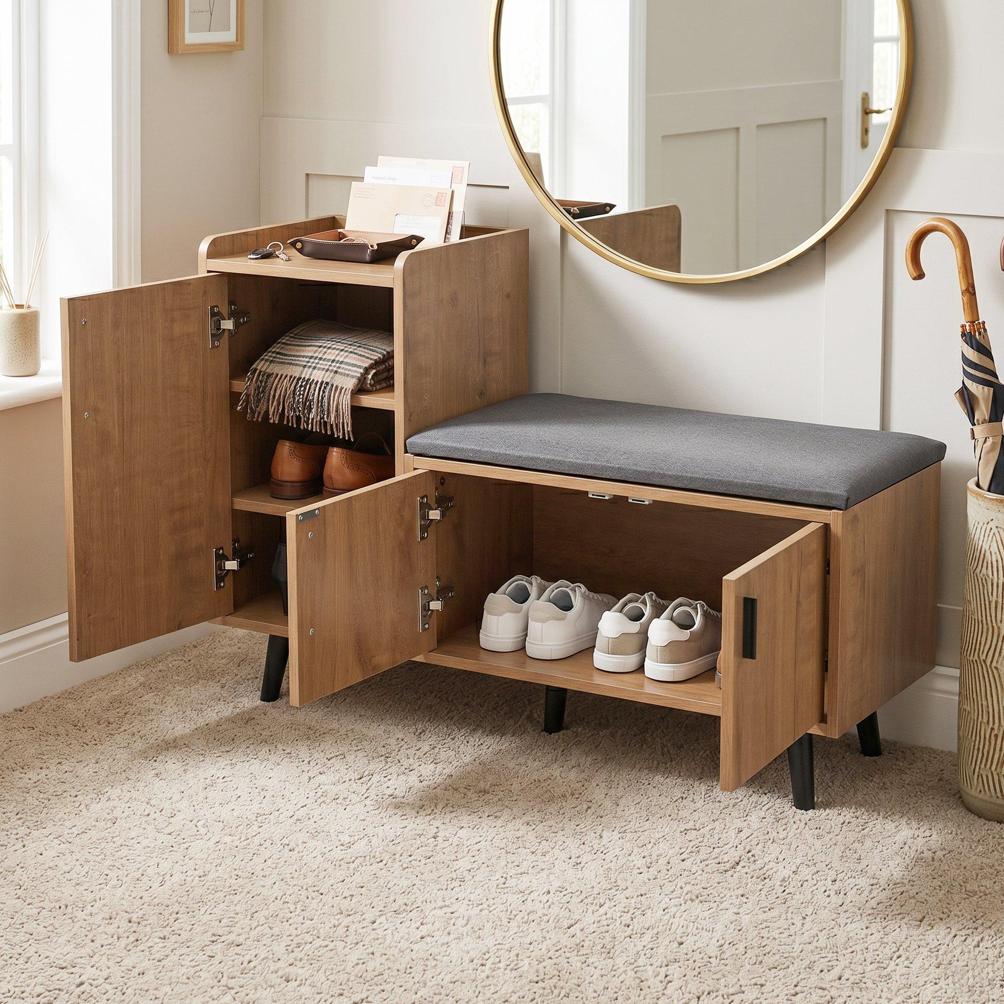 Walnut - Urban Meuble - Vintage Shoe Bench with Storage Cabinet - 4