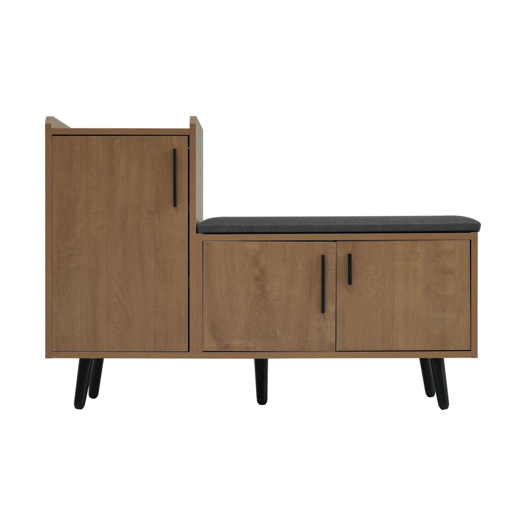 Walnut - Urban Meuble - Vintage Shoe Bench with Storage Cabinet - 5