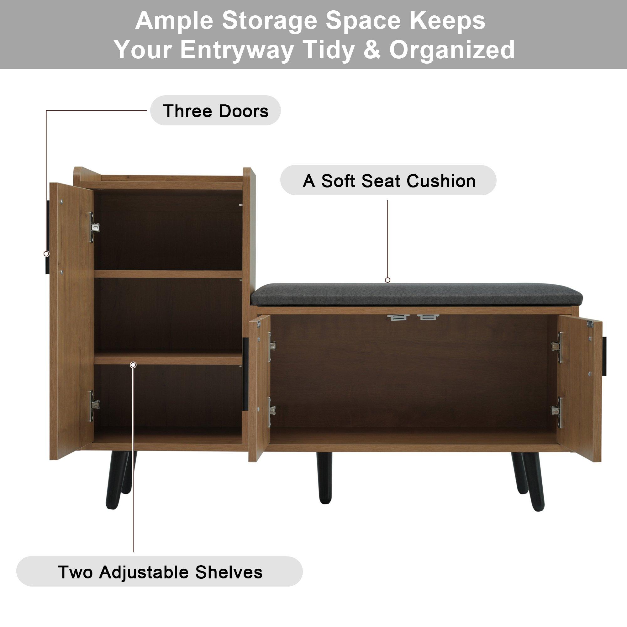 Walnut - Urban Meuble - Vintage Shoe Bench with Storage Cabinet - 7