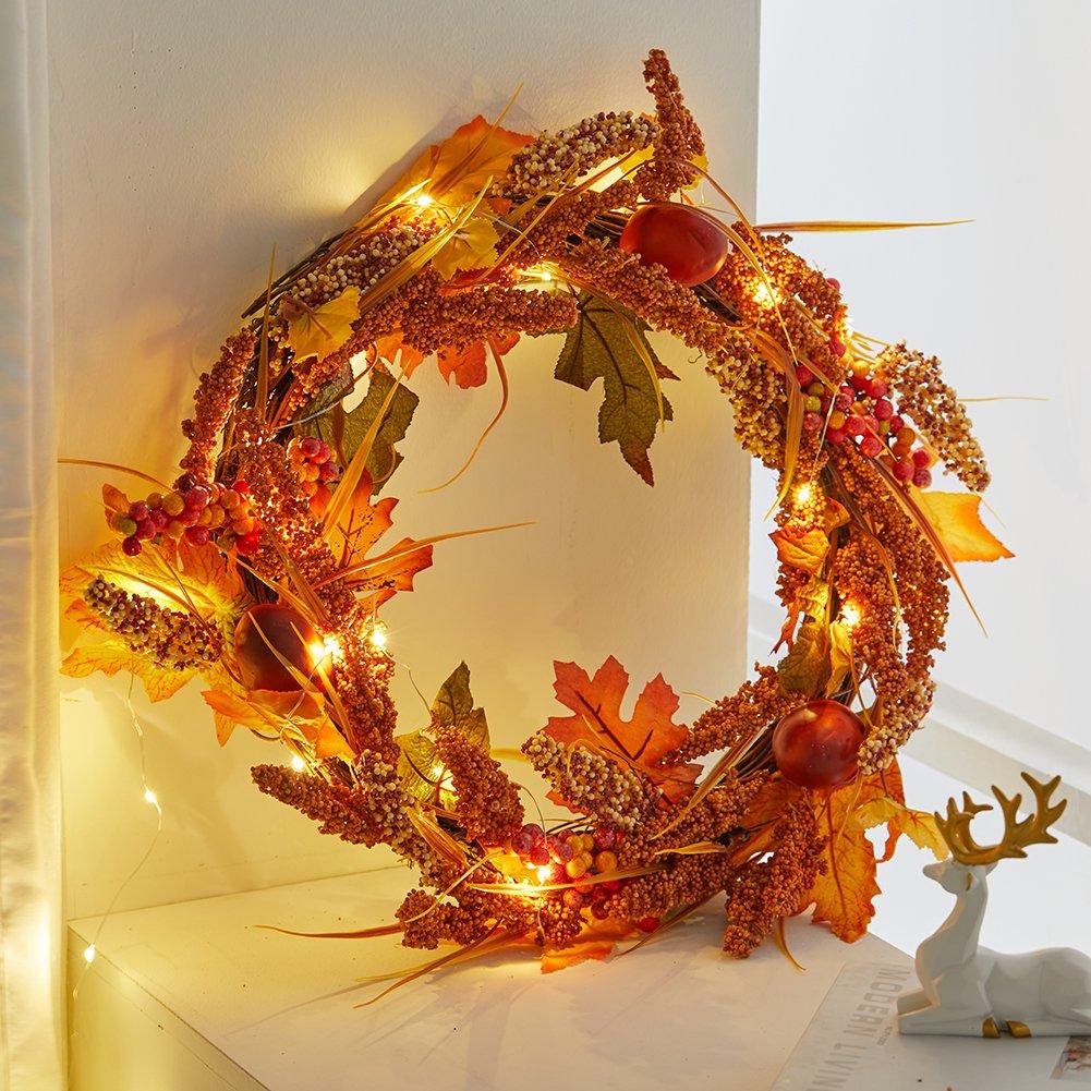 Orange - LIFE IDEAS - Autumn Golden Sorghum Door Wreath with LED Lights - 1
