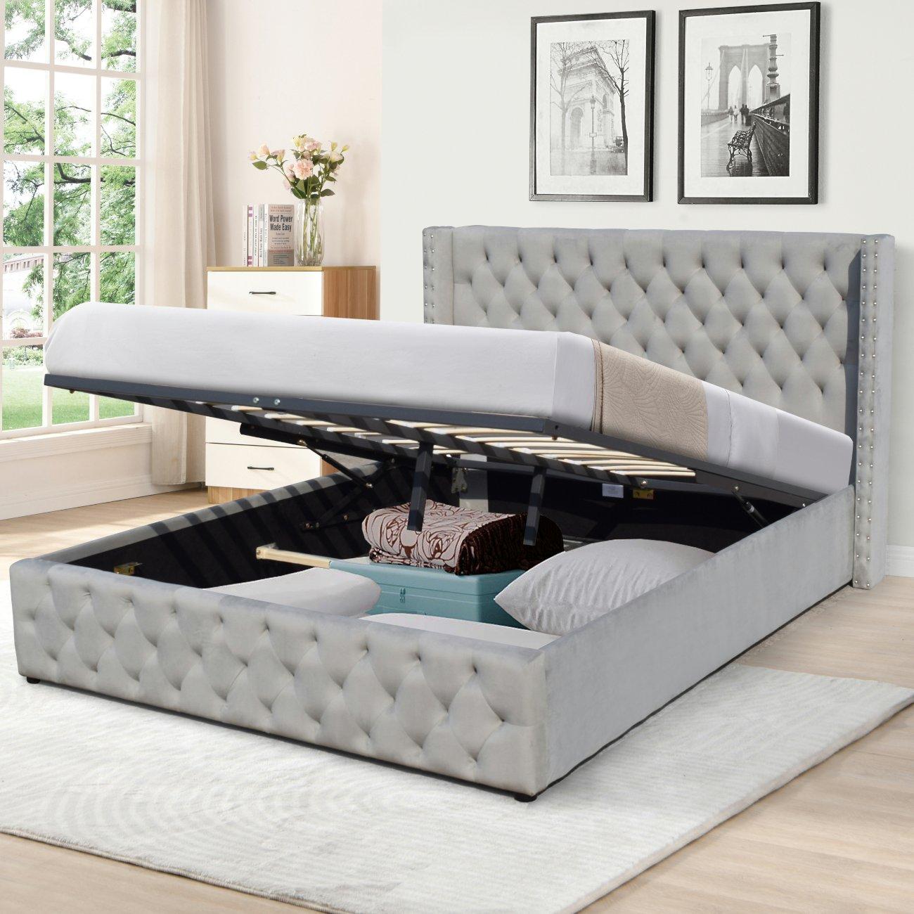 Winged Plush Velvet Gas Lift Bed with Mattress
