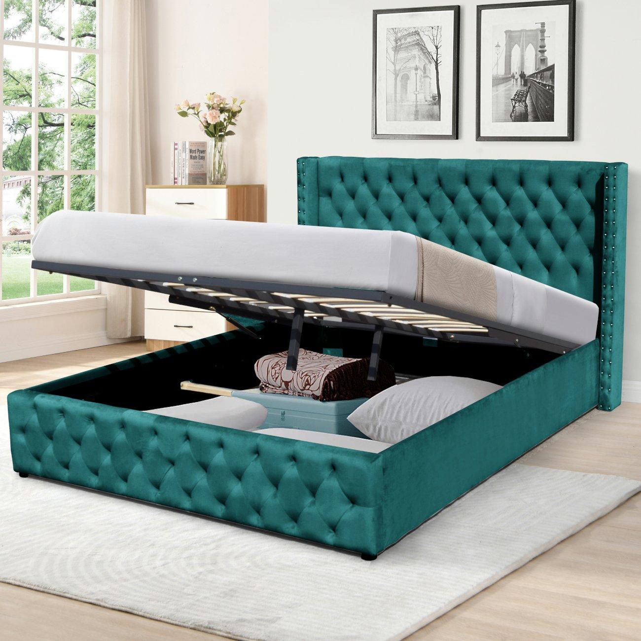 Winged Plush Velvet Gas Lift Bed with Mattress