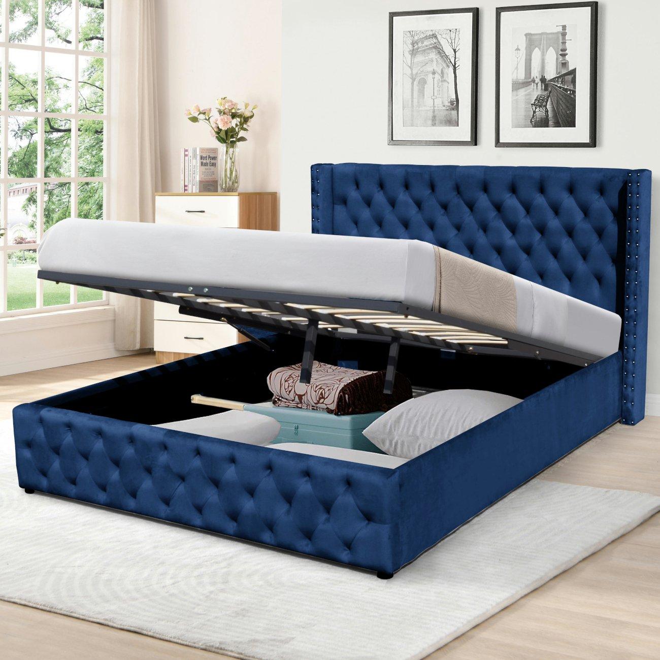 Blue - Comfy Living - Winged Plush Velvet Gas Lift Bed with Mattress