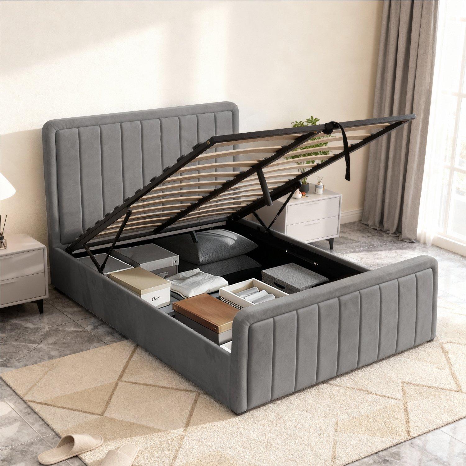 Dark Grey - Comfy Living - Brushed Velvet Gas Lift Bed with Mattress - 6