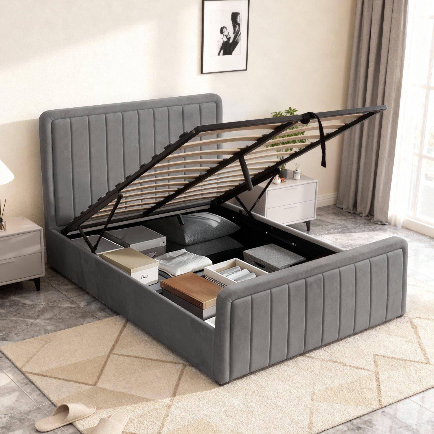 Dark Grey - Comfy Living - Brushed Velvet Gas Lift Bed with Mattress - 9