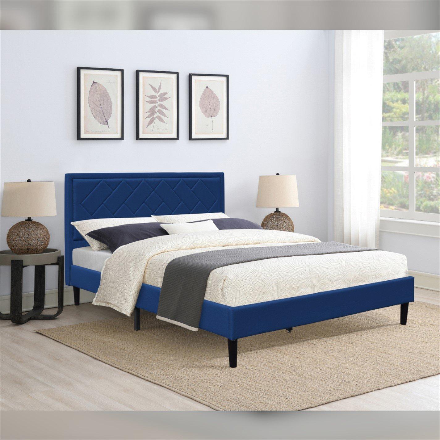 Blue - Comfy Living - Fabric Bed with Padded Headbaord & Mattress - 3