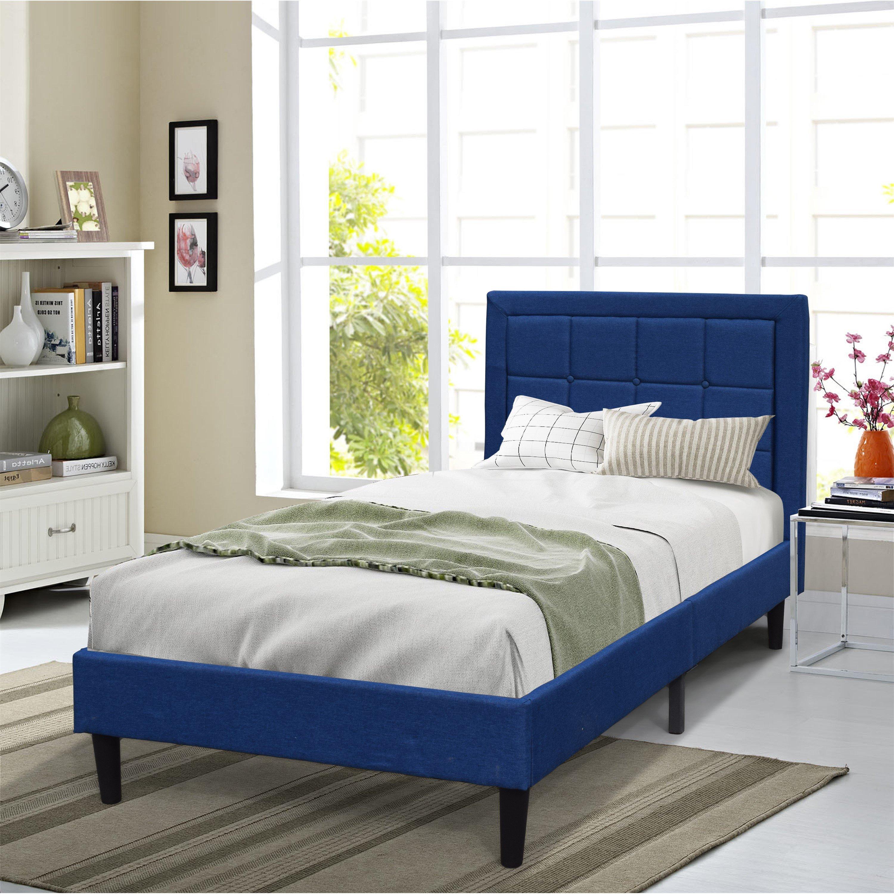 Blue - Comfy Living - Fabric Bed with Buttoned Headbaord & Mattress - 2