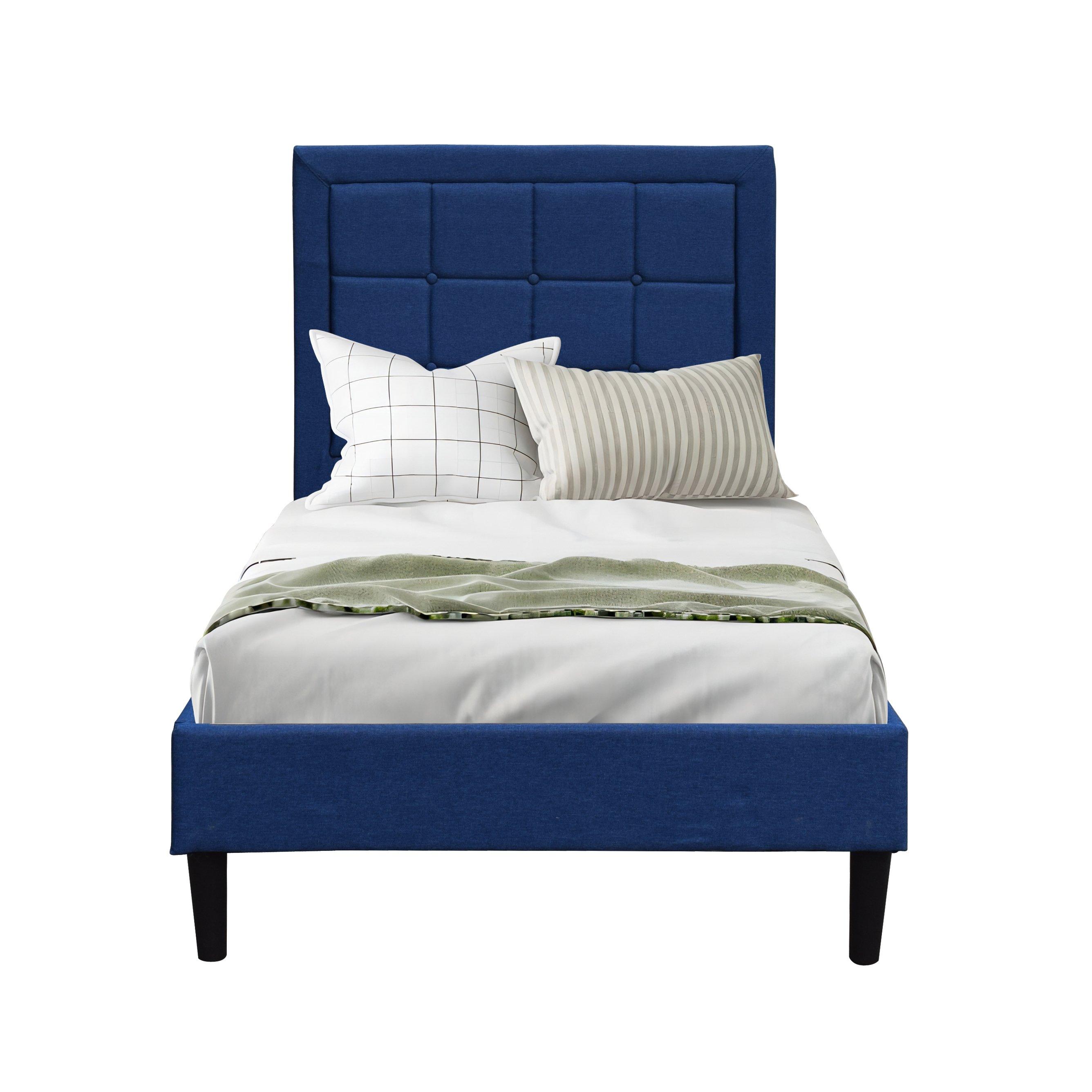 Blue - Comfy Living - Fabric Bed with Buttoned Headbaord & Mattress - 4