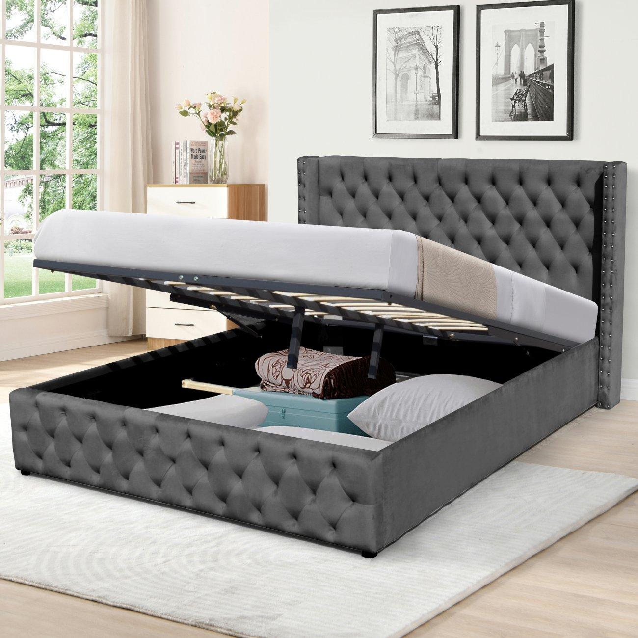 Winged Plush Velvet Gas Lift Bed