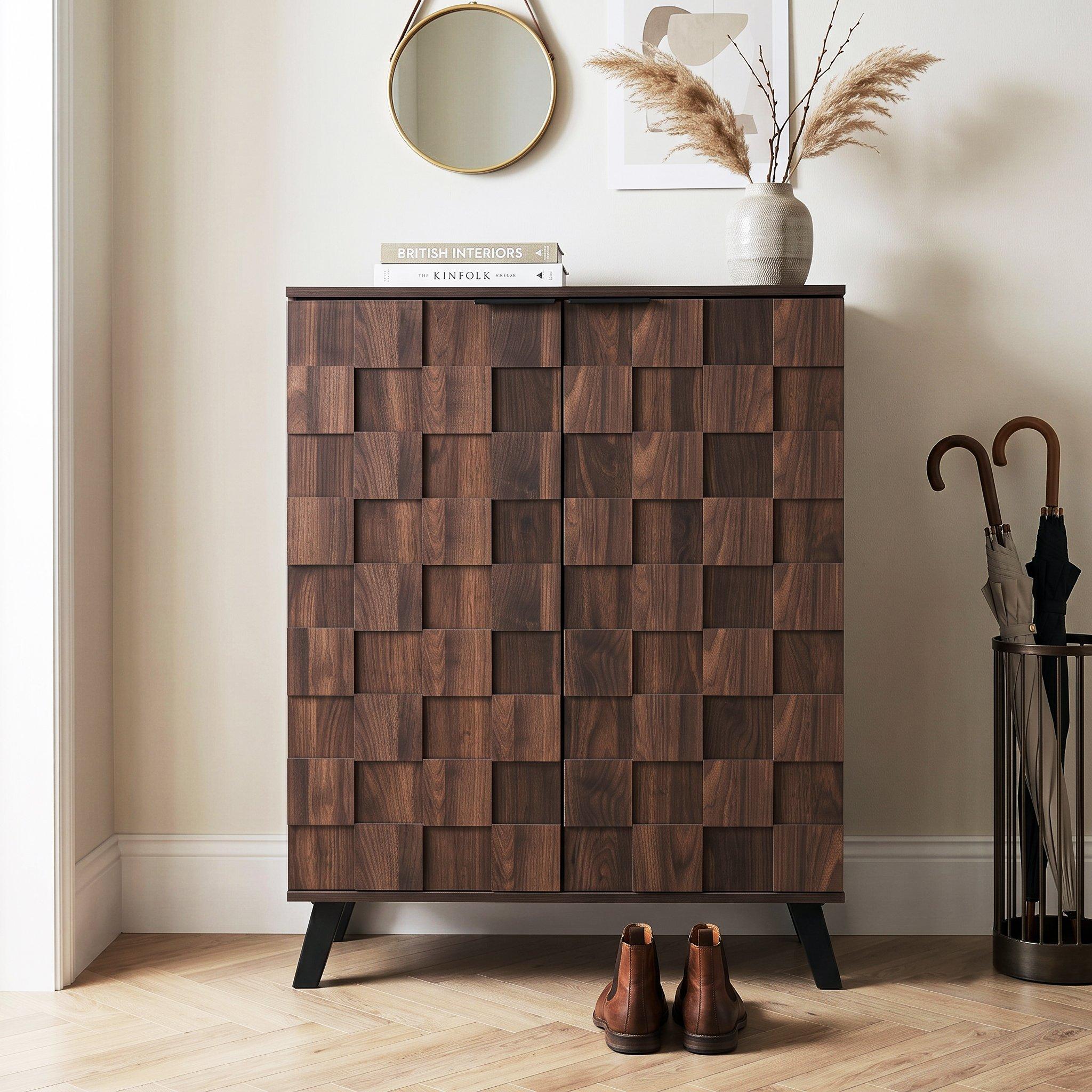 Walnut - Urban Meuble - Vintage Geometric Textured Shoe Cabinet - 1