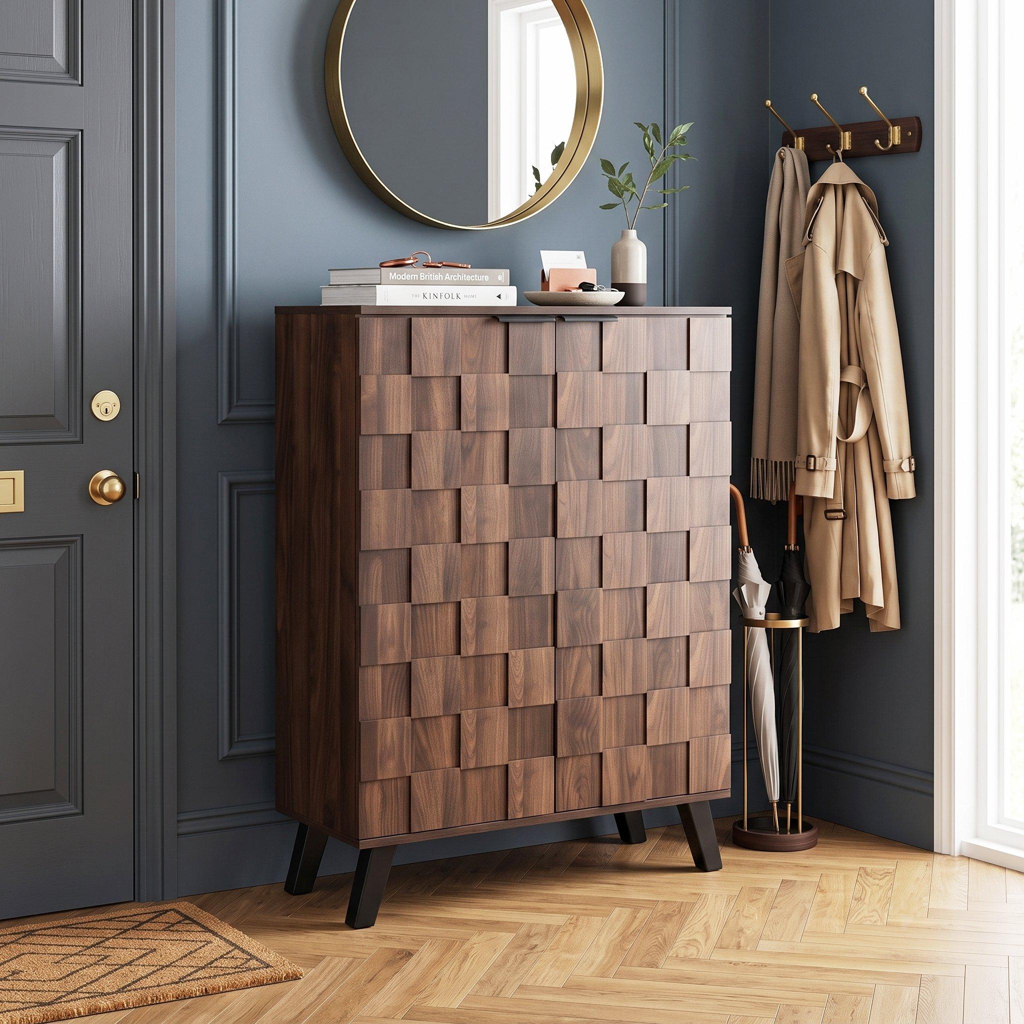 Walnut - Urban Meuble - Vintage Geometric Textured Shoe Cabinet - 2