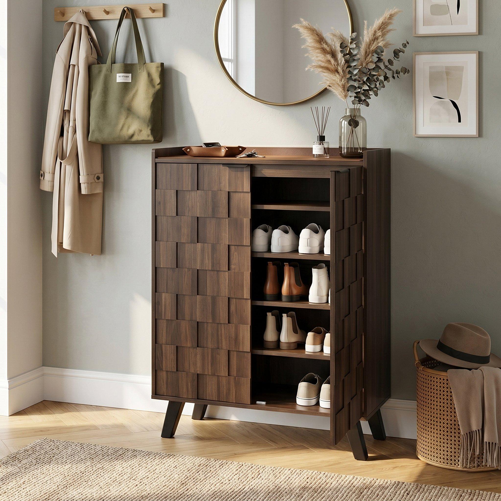 Walnut - Urban Meuble - Vintage Geometric Textured Shoe Cabinet - 3