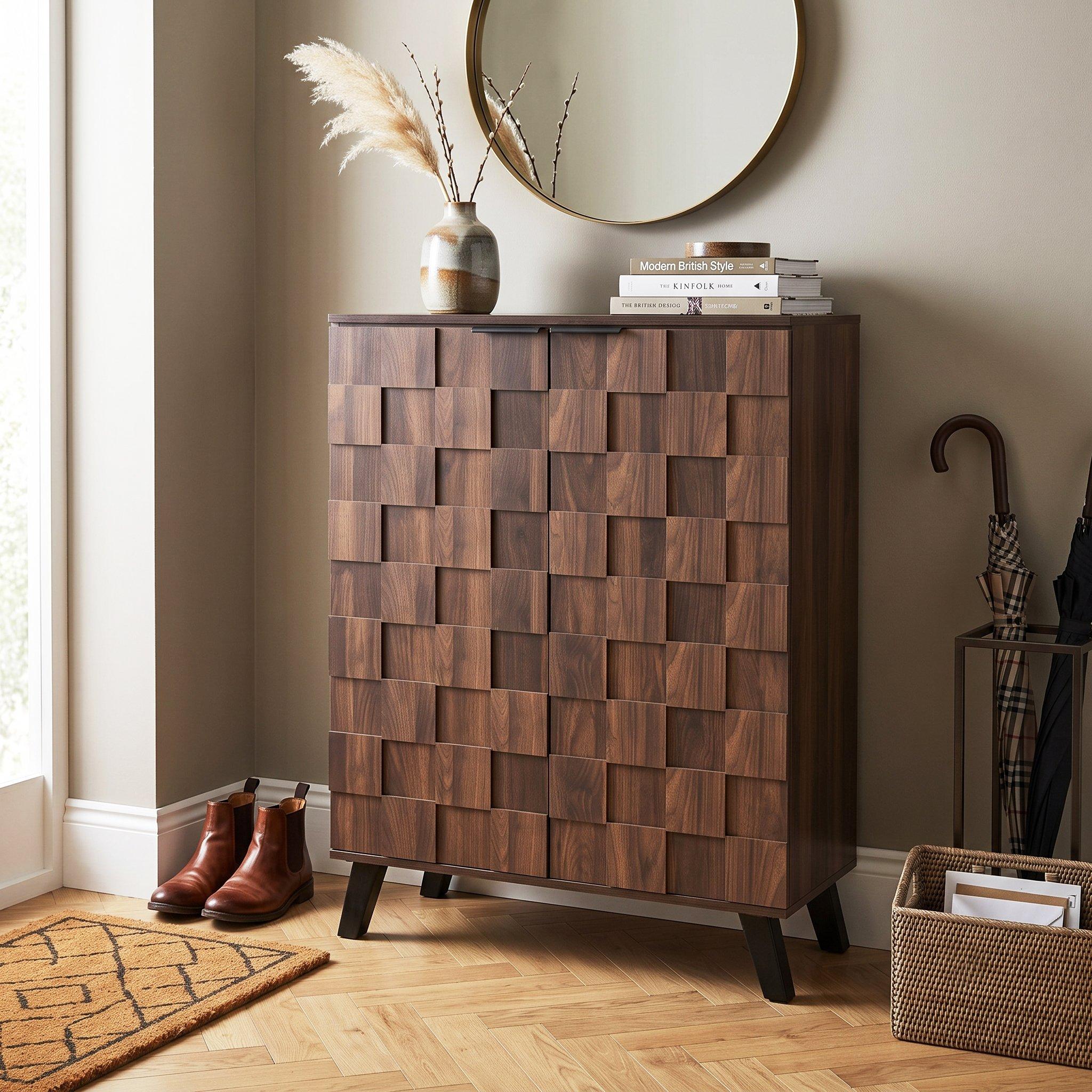Walnut - Urban Meuble - Vintage Geometric Textured Shoe Cabinet - 4