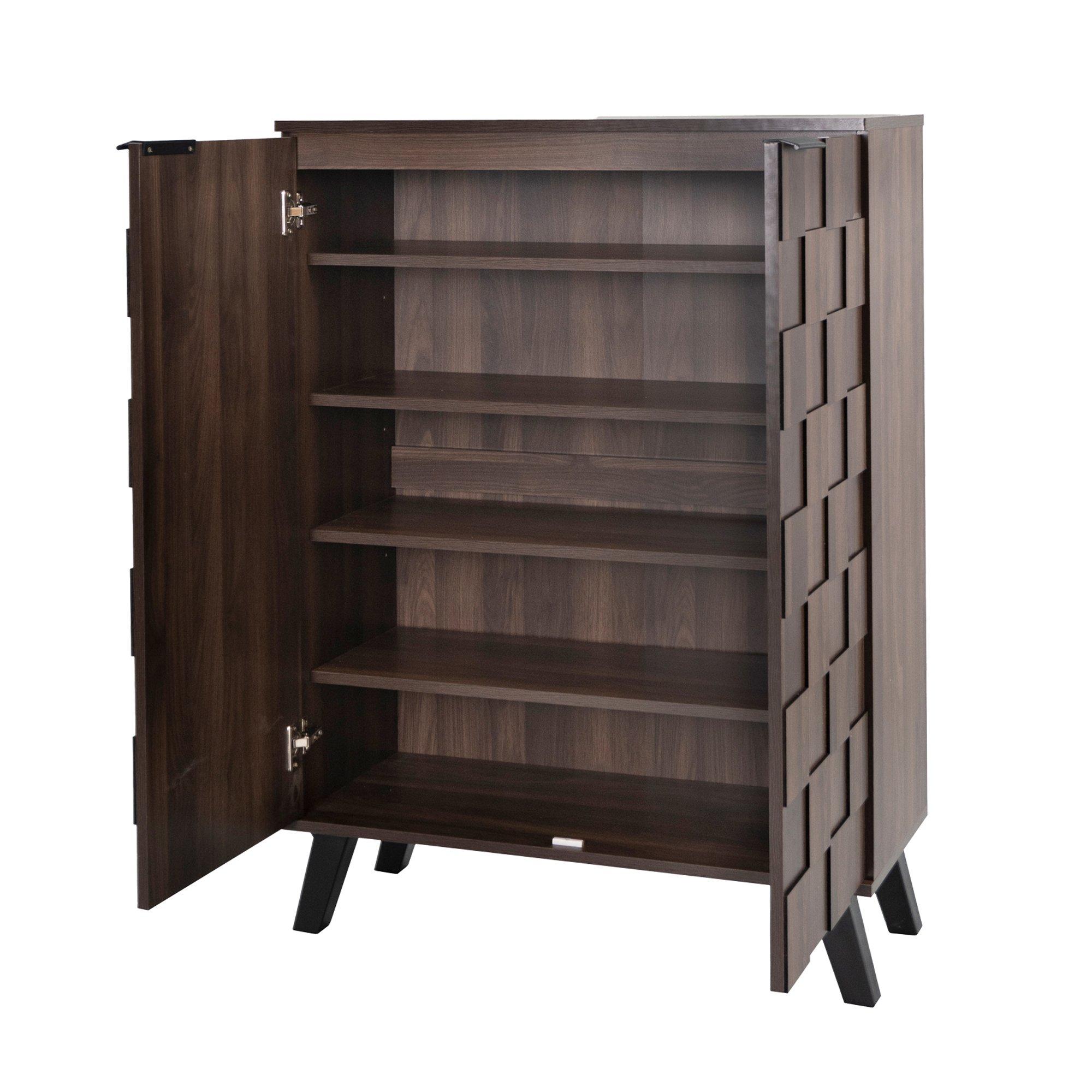 Walnut - Urban Meuble - Vintage Geometric Textured Shoe Cabinet - 9