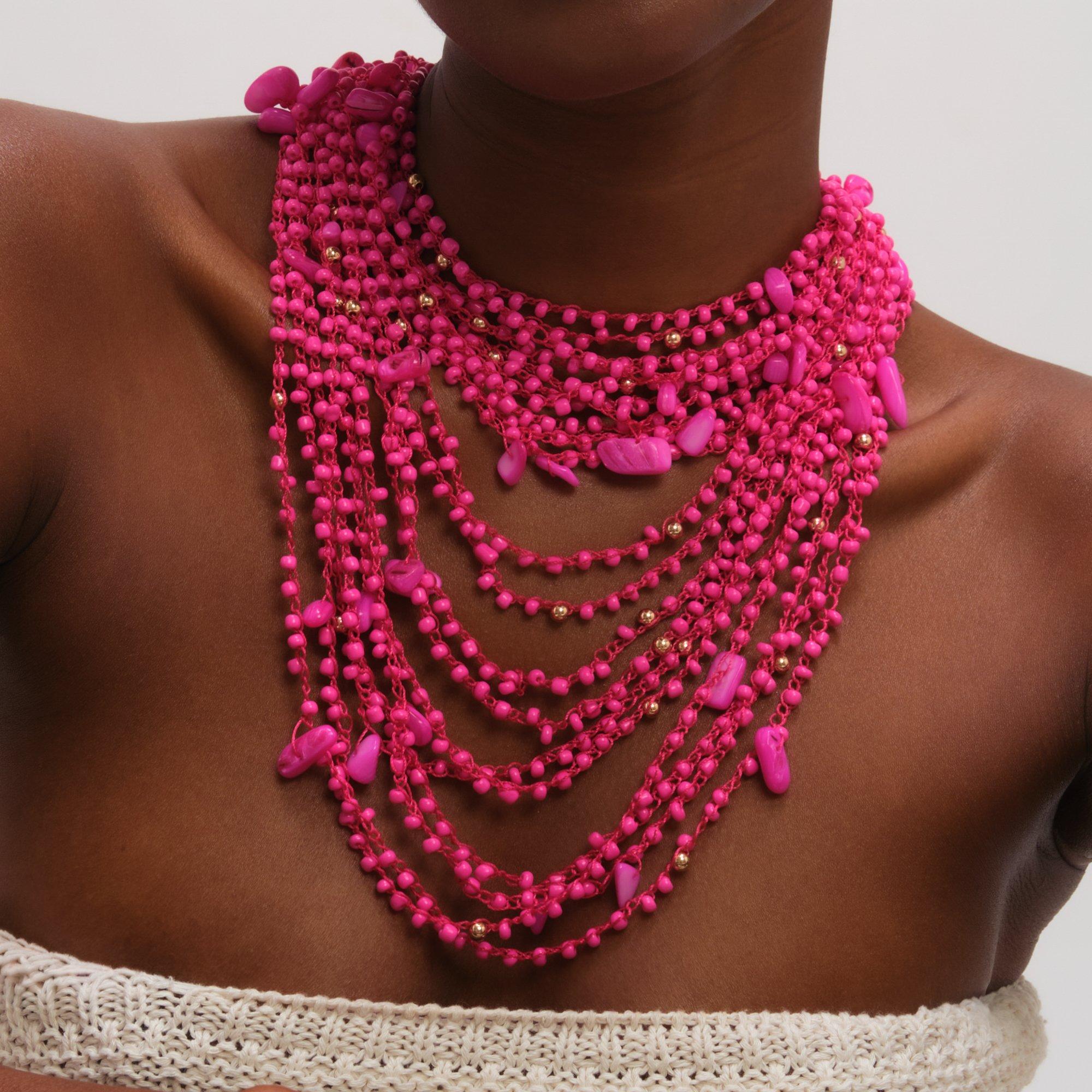 Gold - Mood - Pink Beaded Statement Multirow Necklace - 2