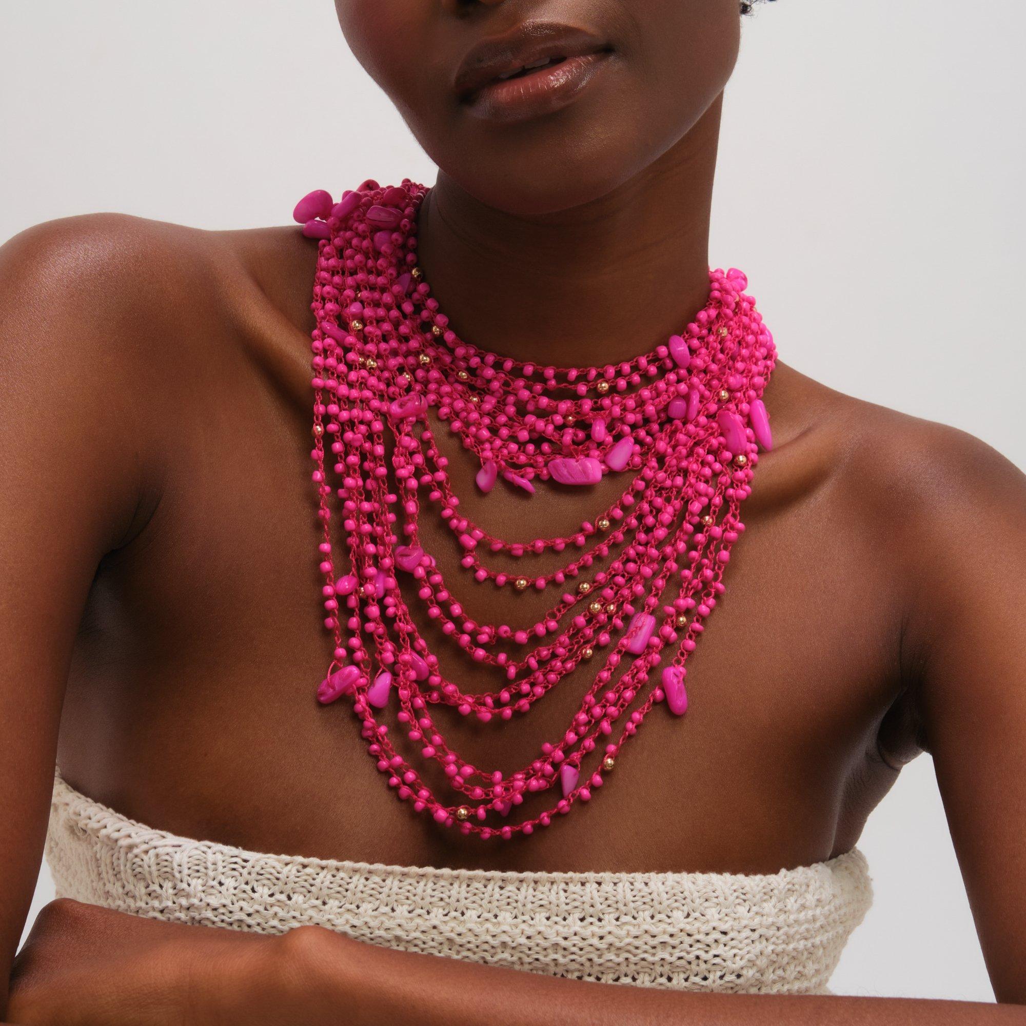 Gold - Mood - Pink Beaded Statement Multirow Necklace - 3