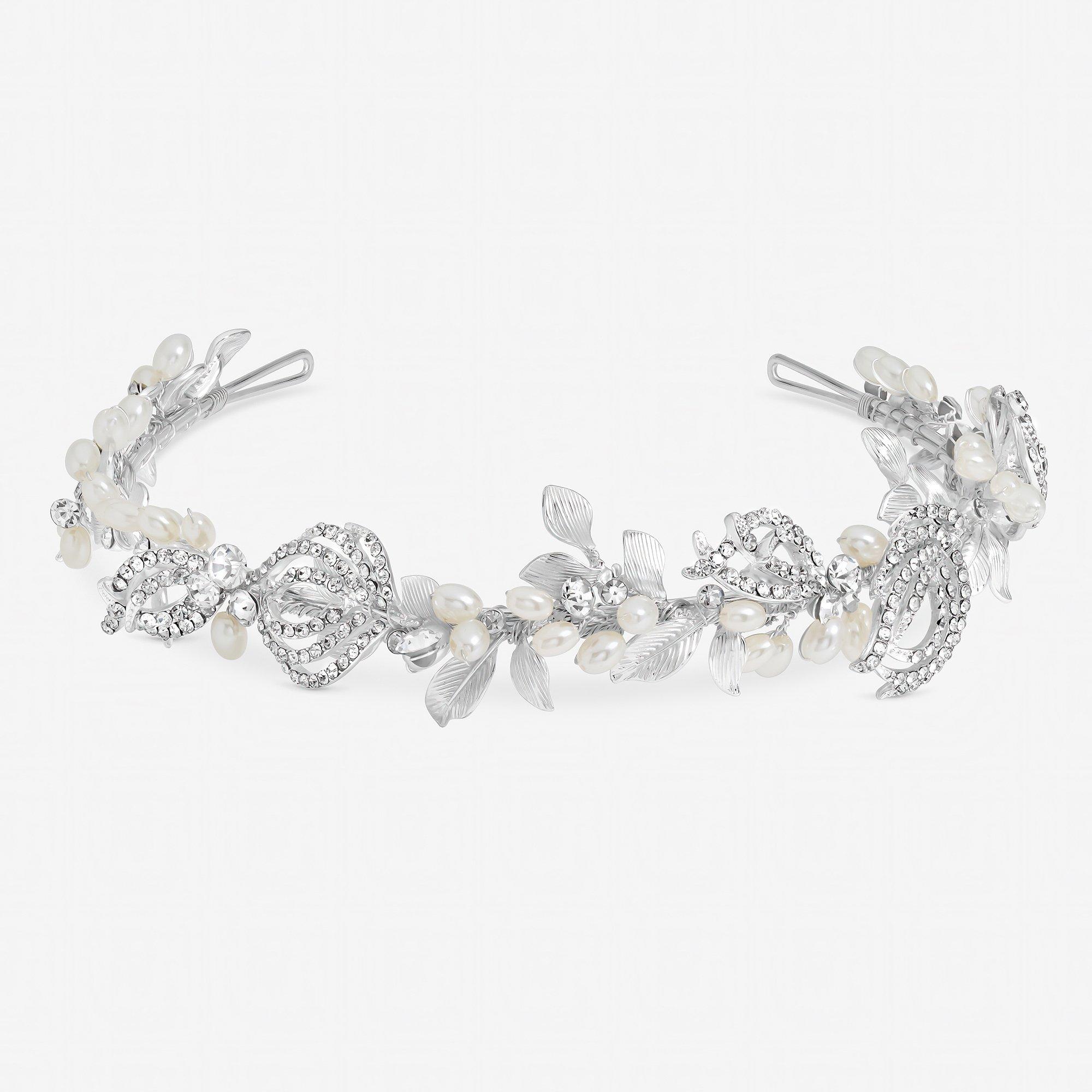 Silver - Jon Richard - Delilah Silver Pave Feather and Pearl Tiara - 1