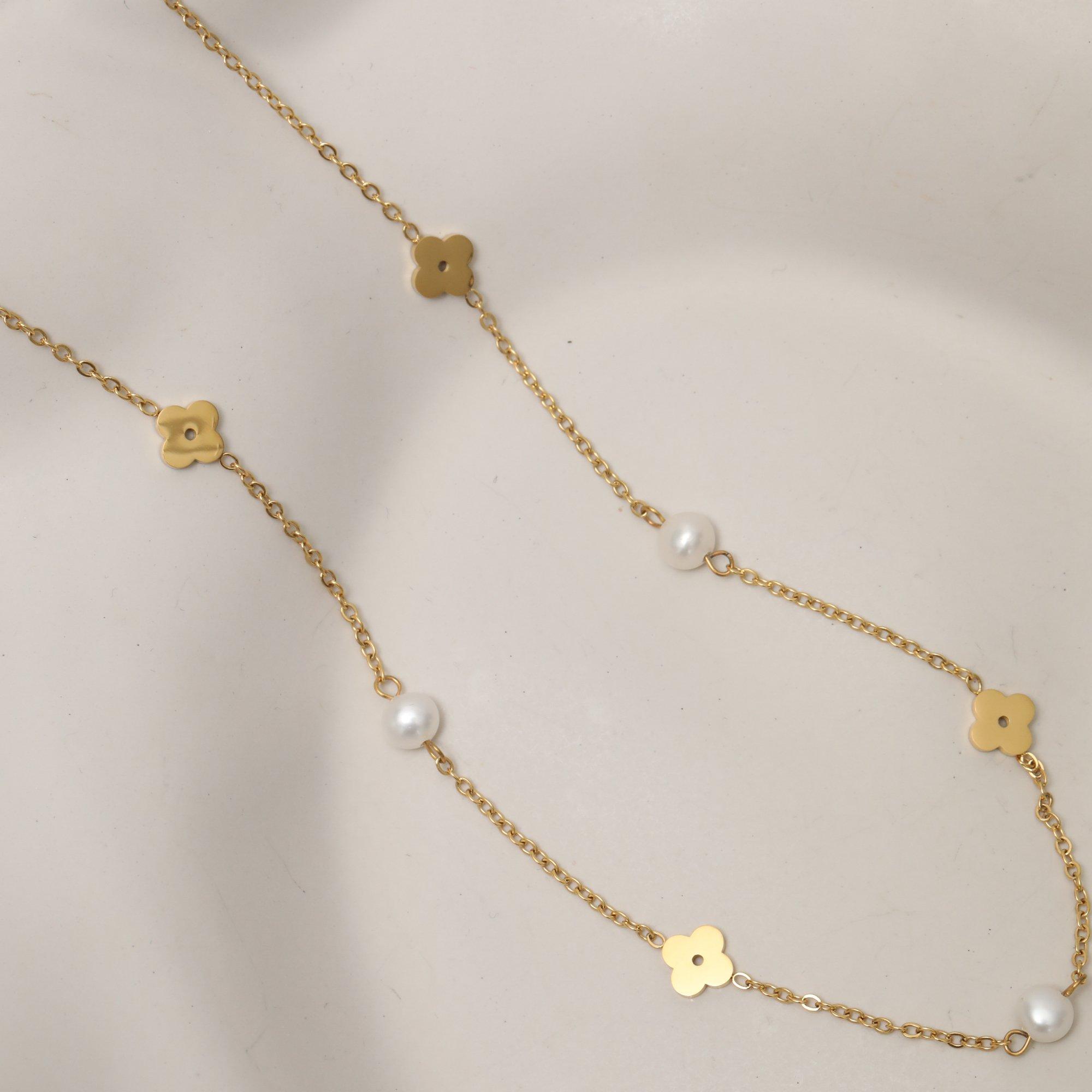 Gold - Jon Richard - Waterproof Pearl and Floral Station Necklace - 3