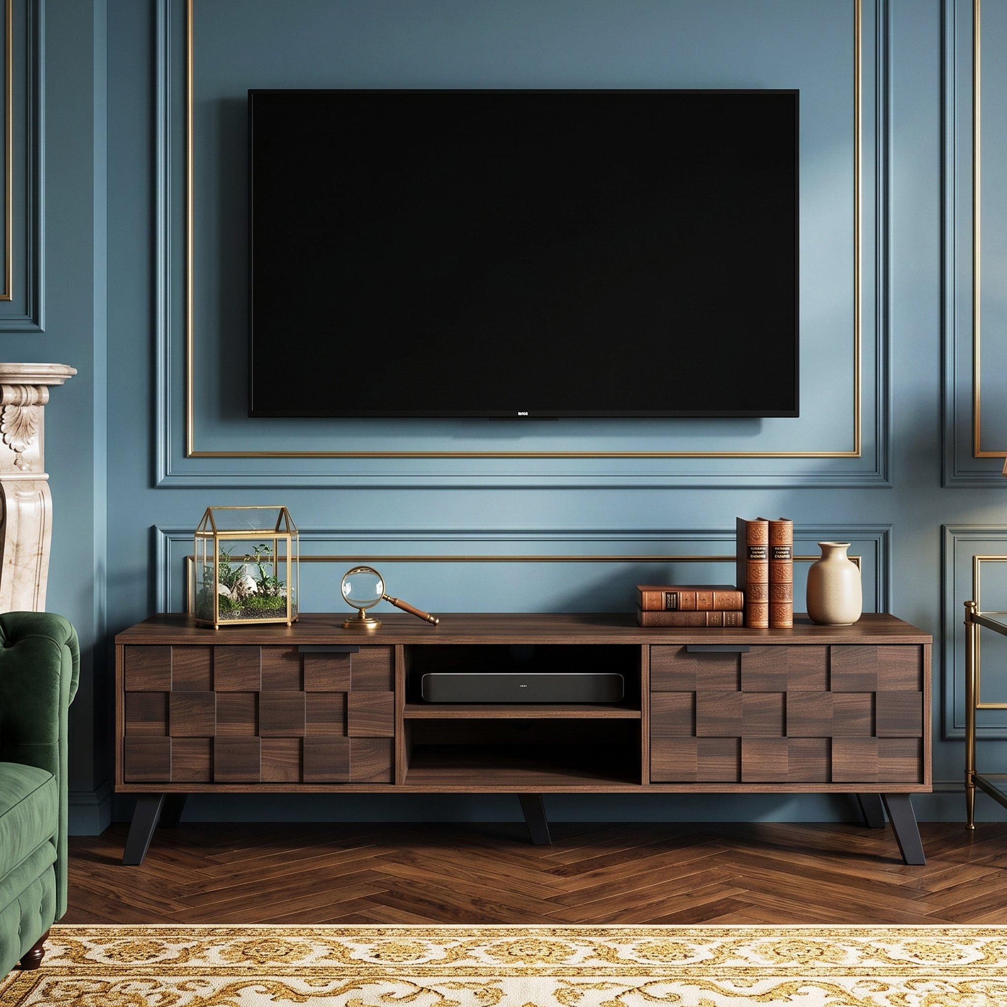 Walnut - Urban Meuble - Vintage Geometric Textured TV Stand - 1