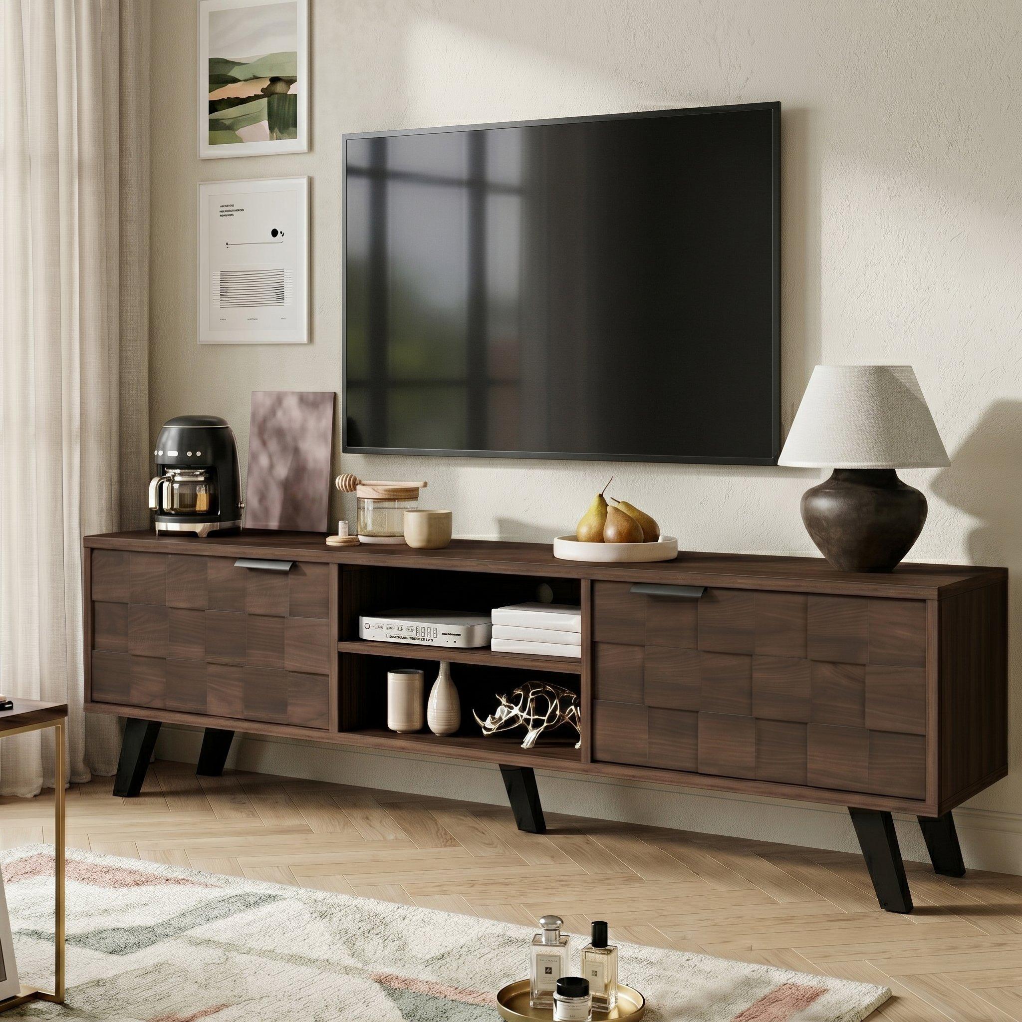 Walnut - Urban Meuble - Vintage Geometric Textured TV Stand - 2