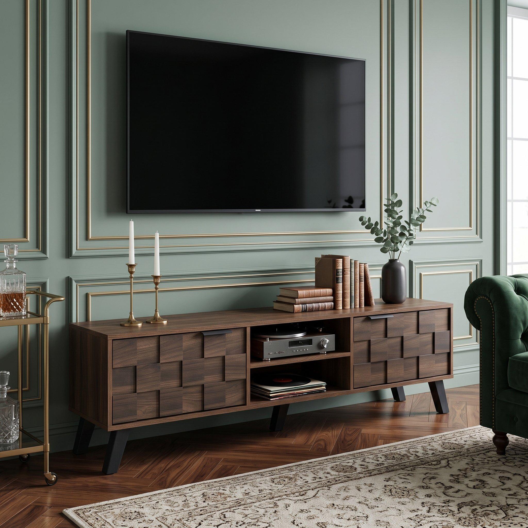 Walnut - Urban Meuble - Vintage Geometric Textured TV Stand - 3