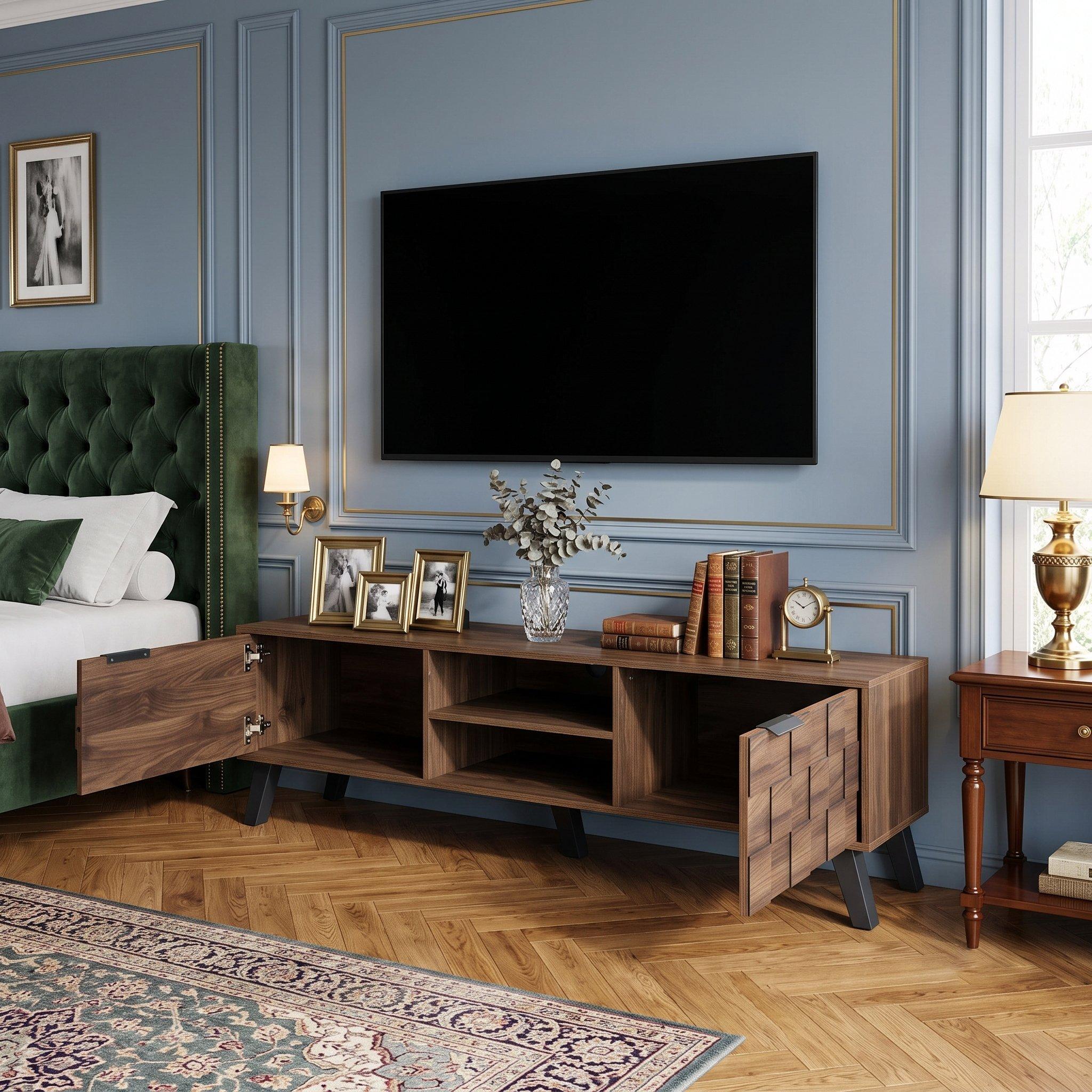 Walnut - Urban Meuble - Vintage Geometric Textured TV Stand - 4