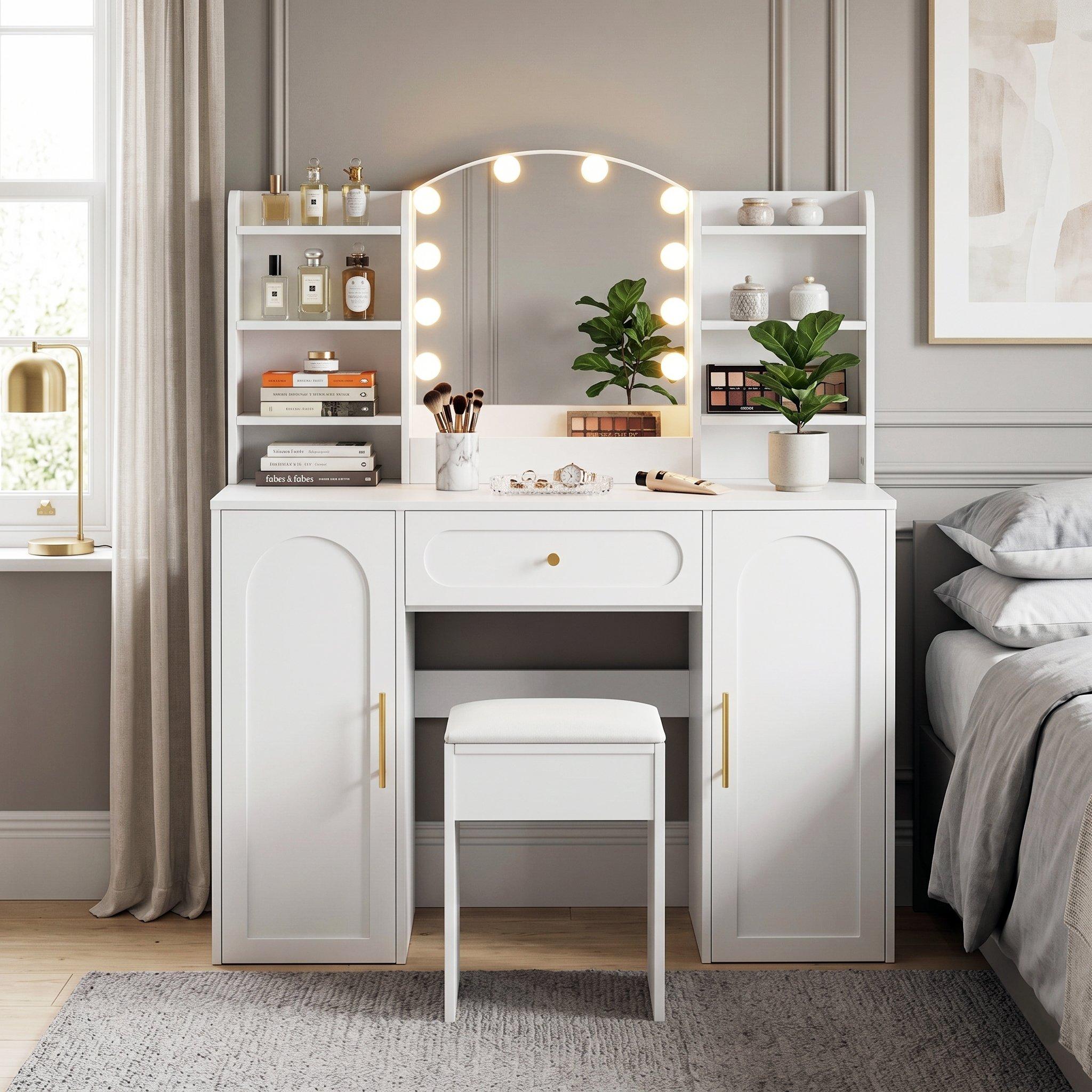 White - Urban Meuble - Modern Vanity Table with LED Mirror and Stool - 1