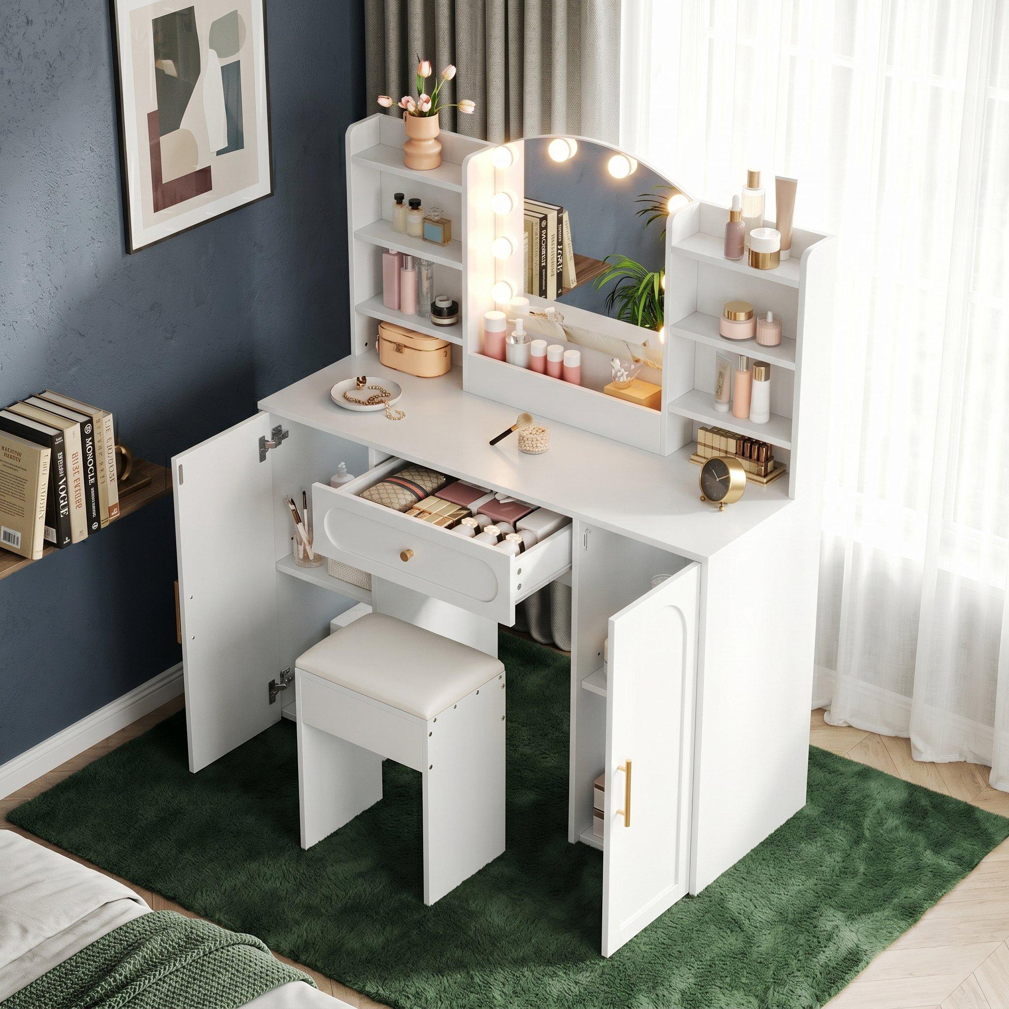 White - Urban Meuble - Modern Vanity Table with LED Mirror and Stool - 2