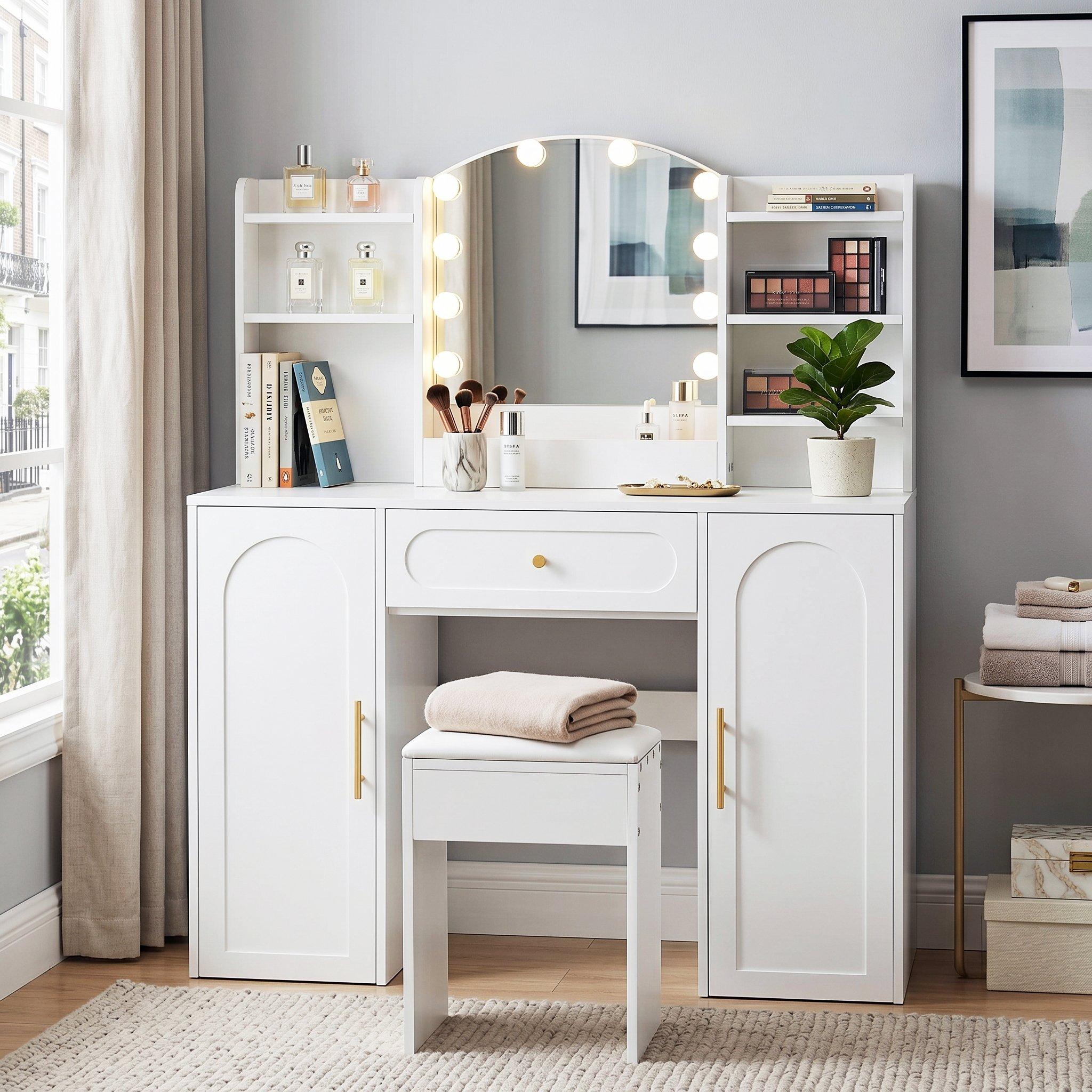 White - Urban Meuble - Modern Vanity Table with LED Mirror and Stool - 3