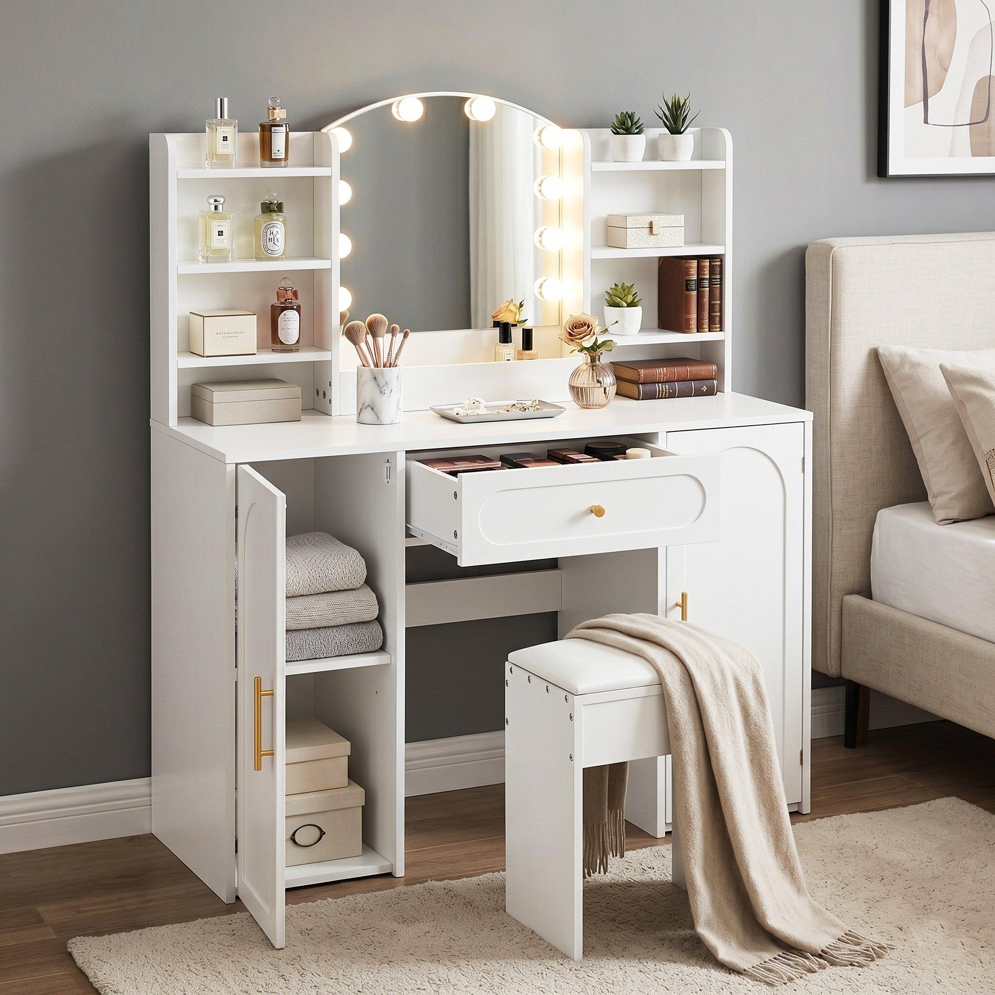 White - Urban Meuble - Modern Vanity Table with LED Mirror and Stool - 4