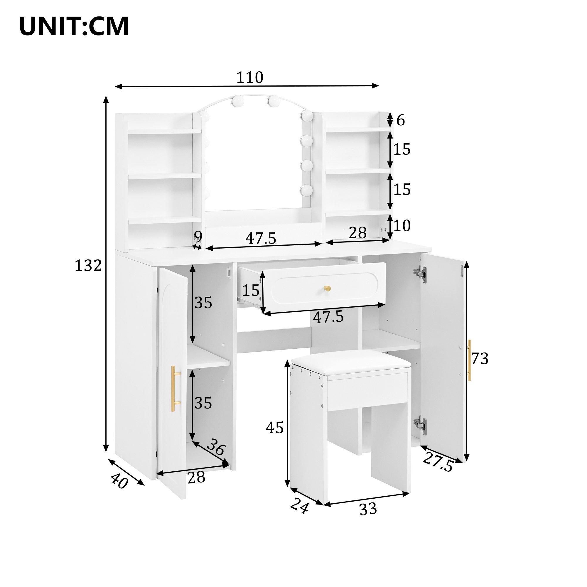 White - Urban Meuble - Modern Vanity Table with LED Mirror and Stool - 6