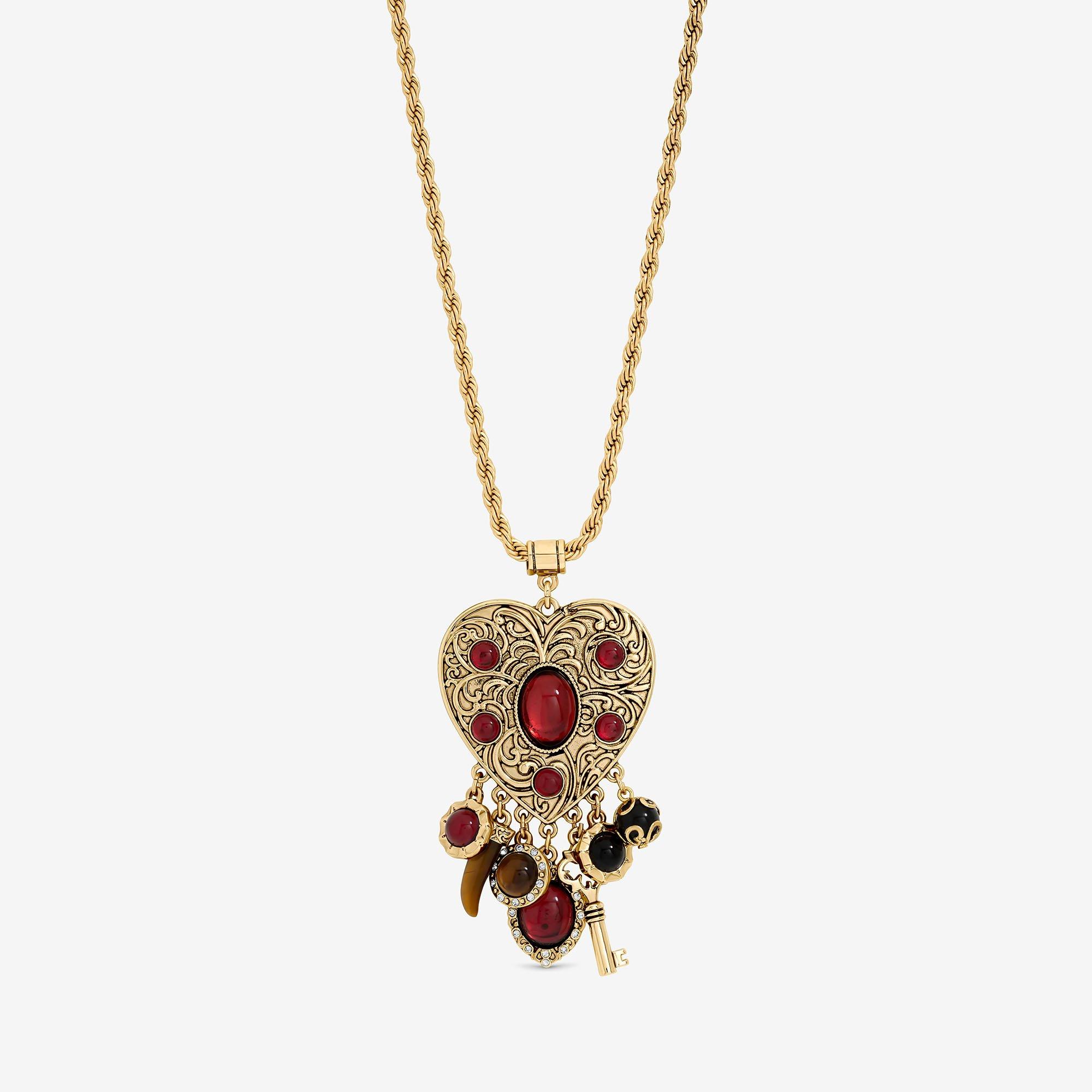 Gold - Mood - Antique Gold & Red Resin Heart Charm Long Necklace