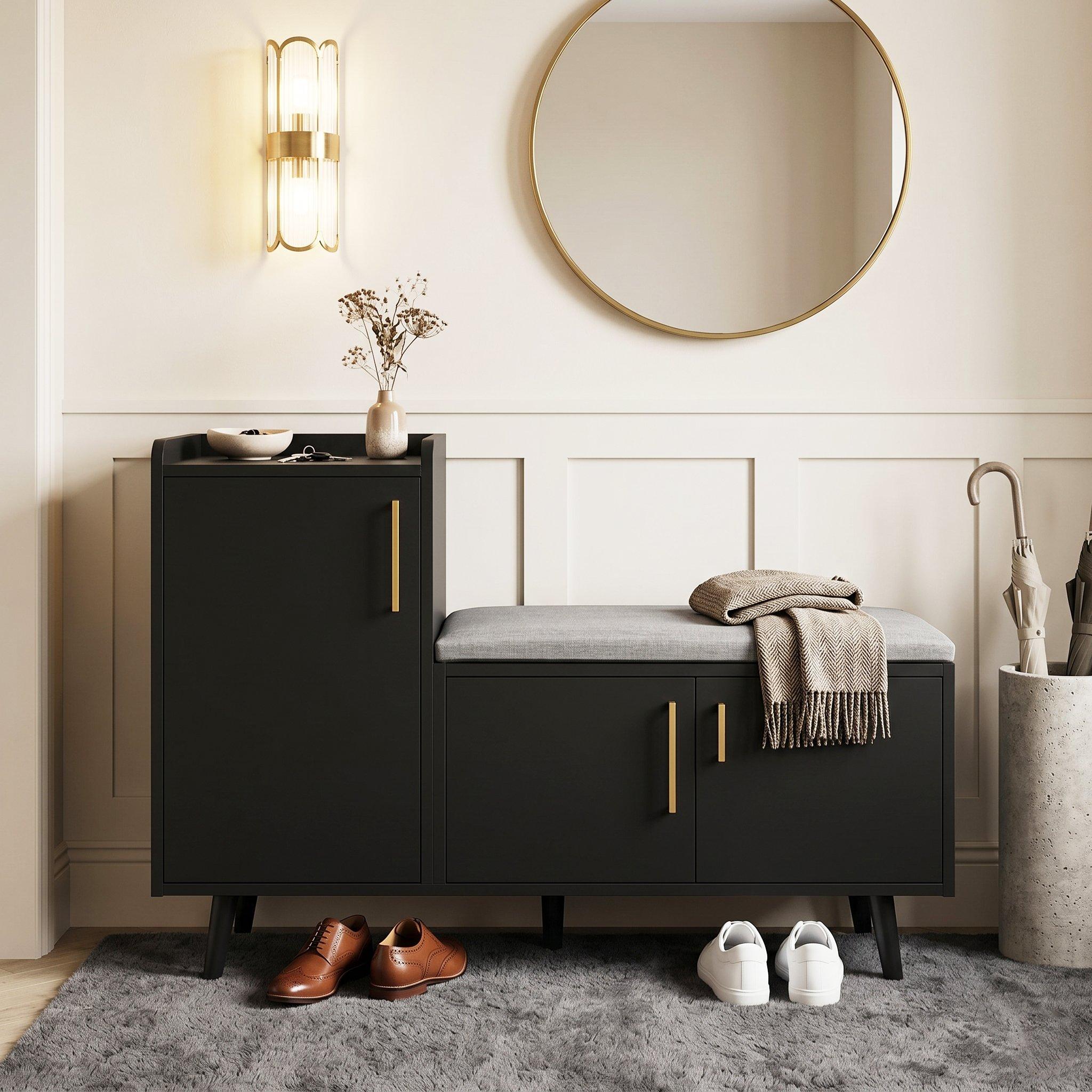 Black - Urban Meuble - Modern Shoe Bench with Storage Cabinet - 1