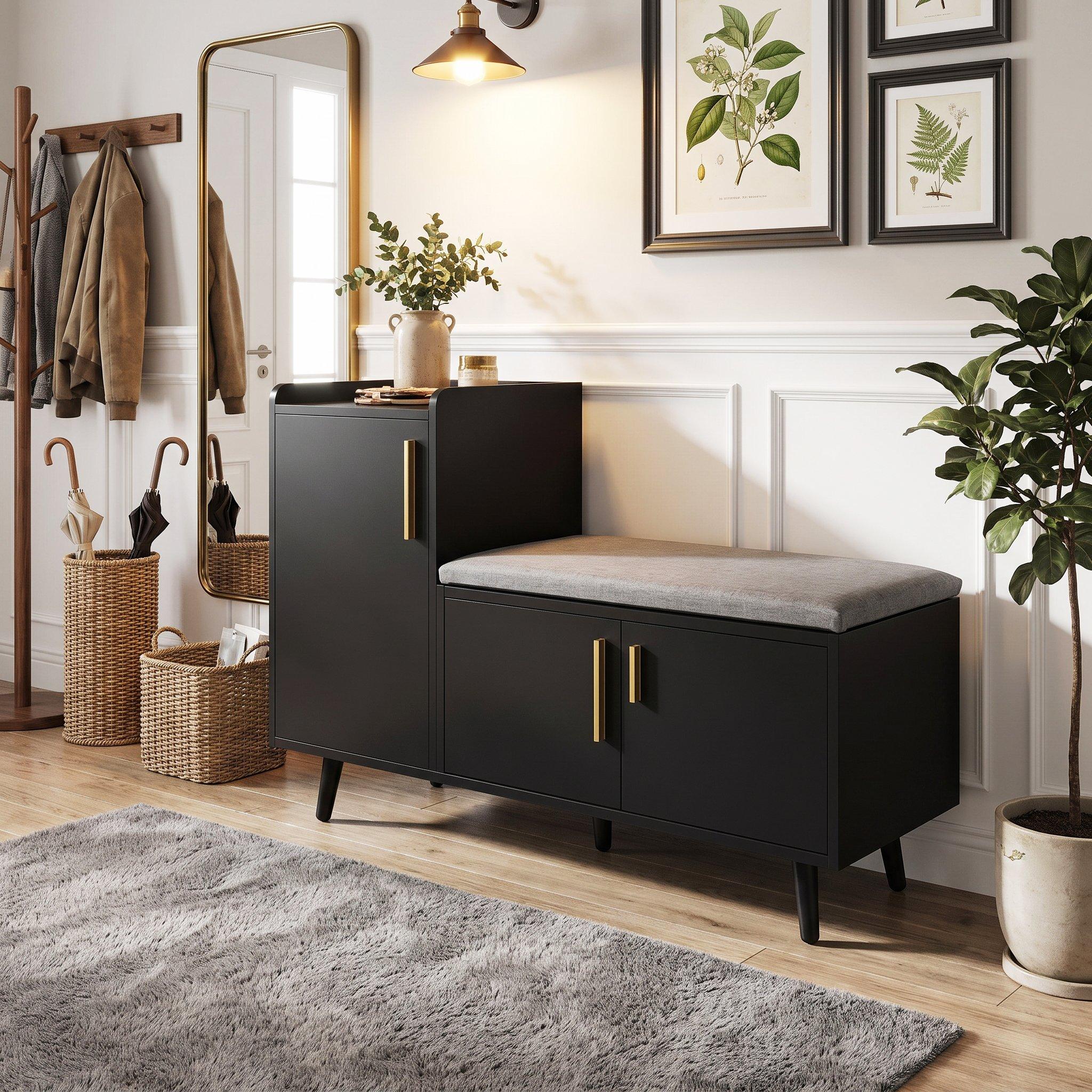 Black - Urban Meuble - Modern Shoe Bench with Storage Cabinet - 2