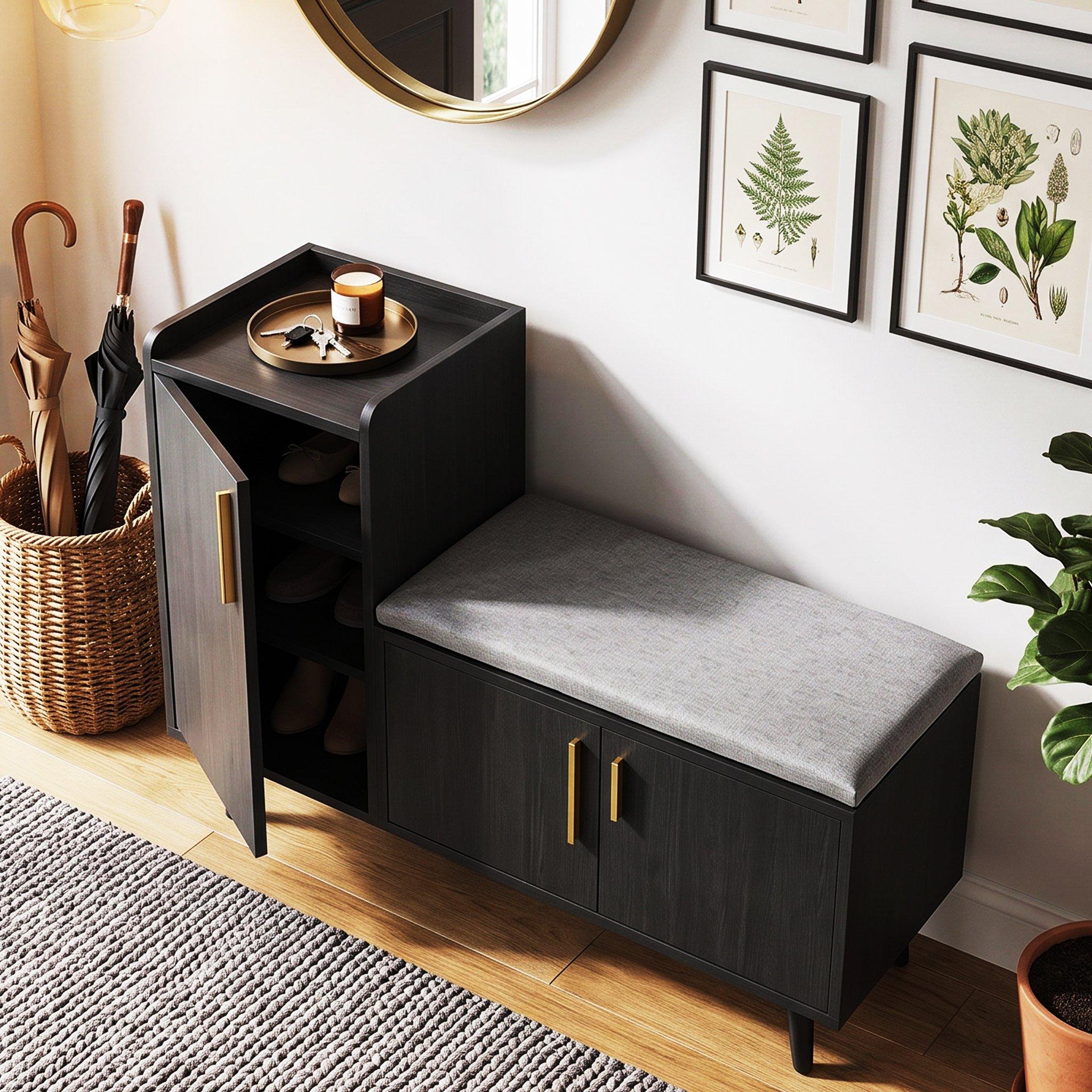 Black - Urban Meuble - Modern Shoe Bench with Storage Cabinet - 3