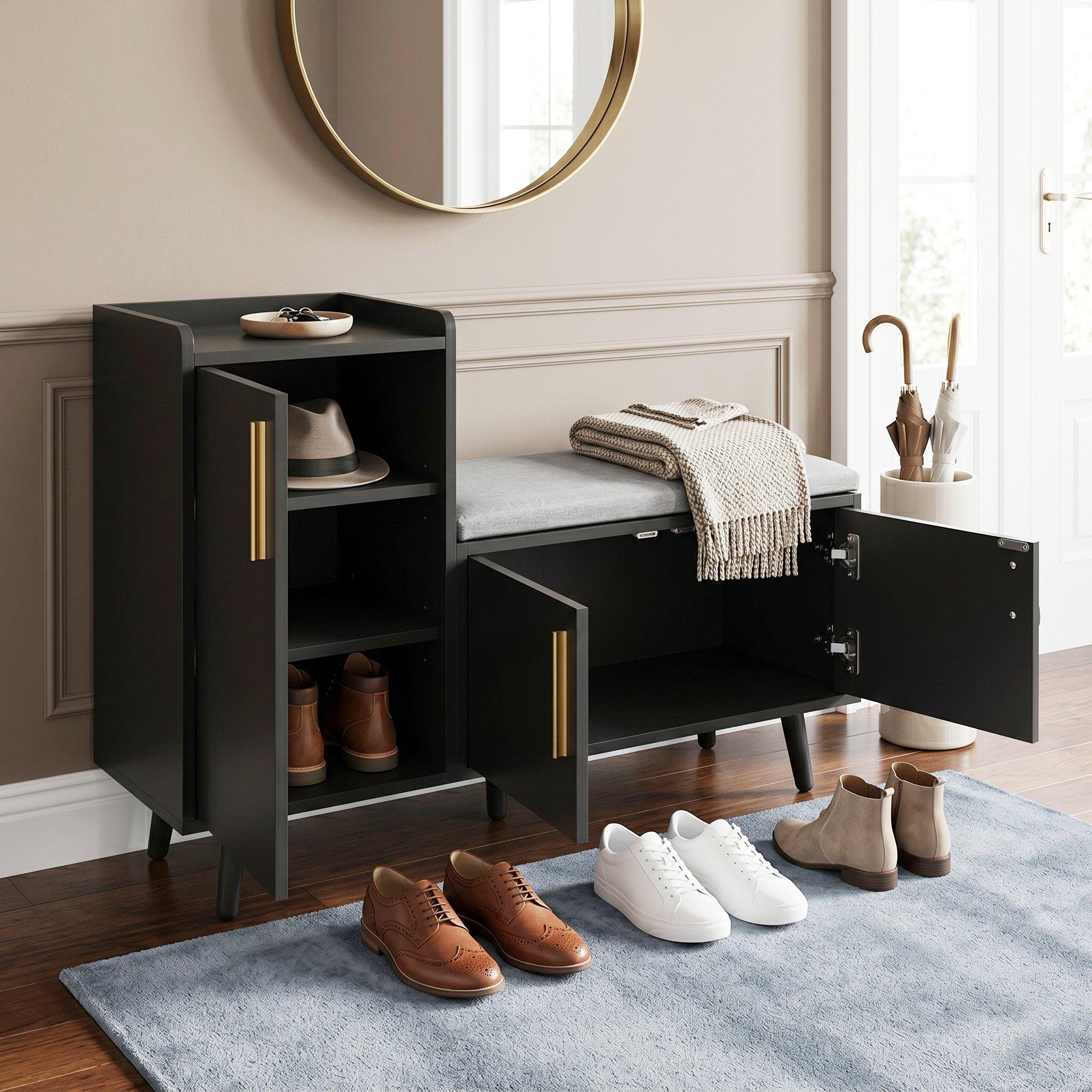 Black - Urban Meuble - Modern Shoe Bench with Storage Cabinet - 4