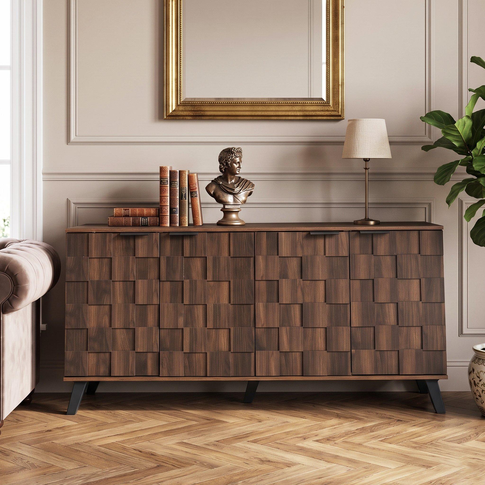 Walnut - Urban Meuble - Vintage Geometric Textured Sideboard - 1