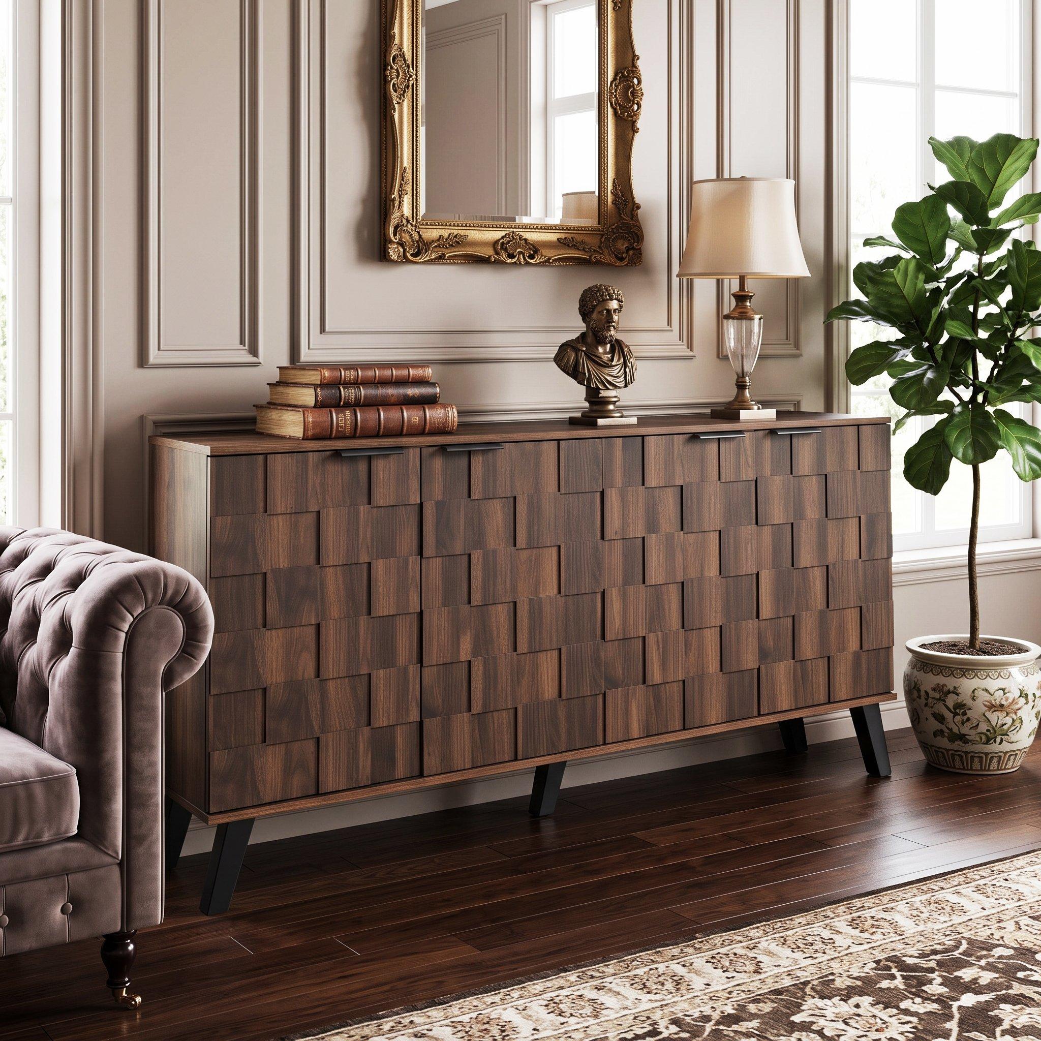 Walnut - Urban Meuble - Vintage Geometric Textured Sideboard - 2